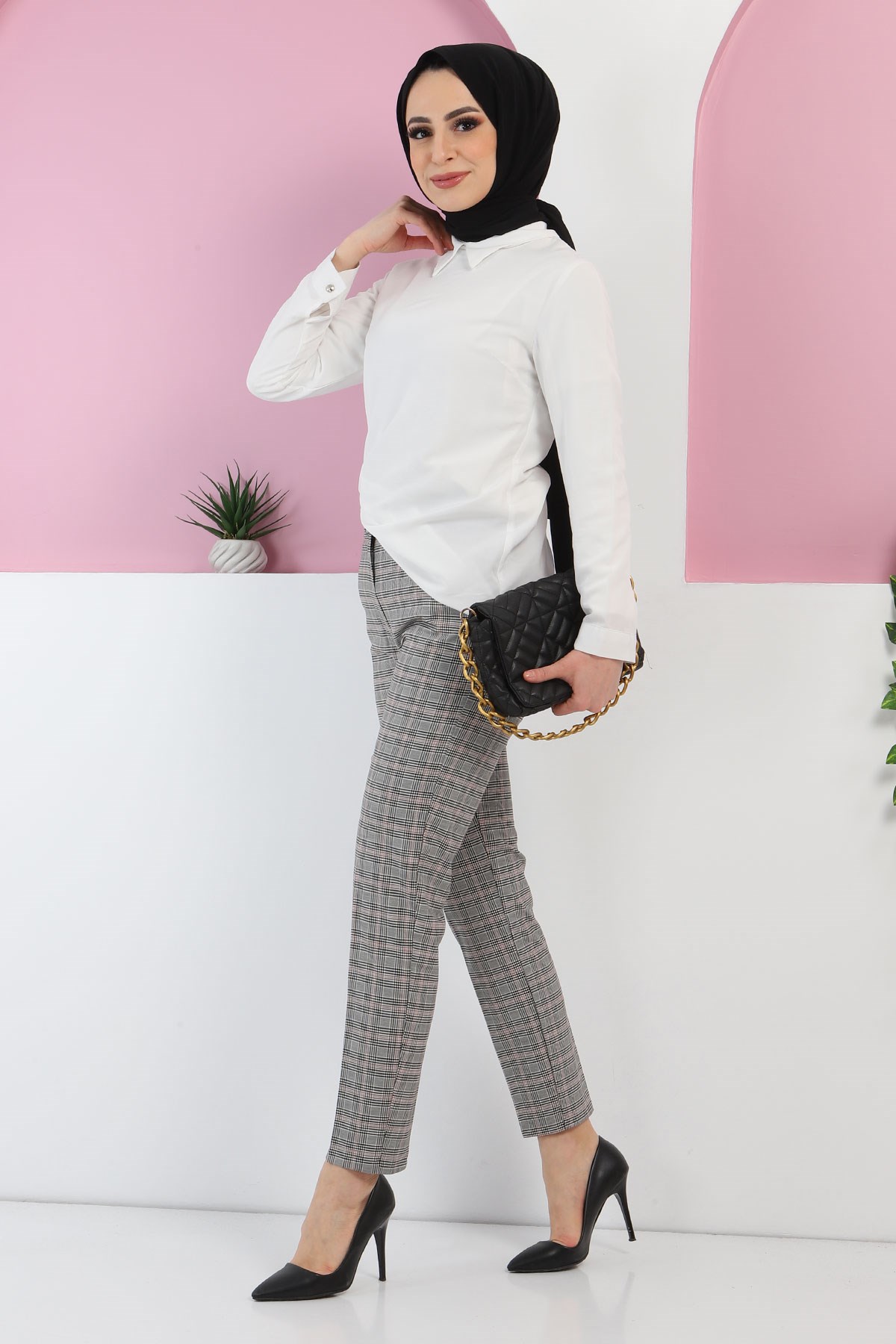 Ekoseli Kumaş Pantolon Füme 6024