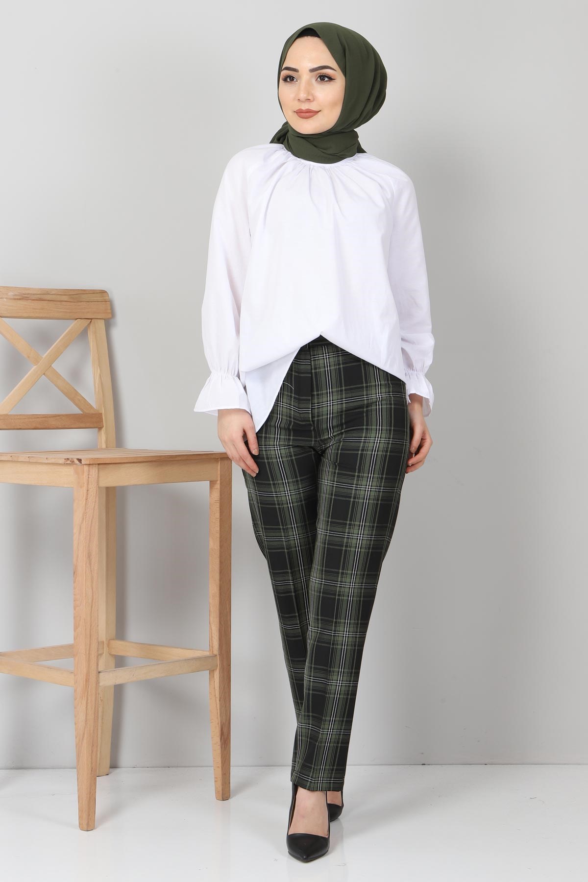 Ekoseli Kumaş Pantolon Haki 10489-12