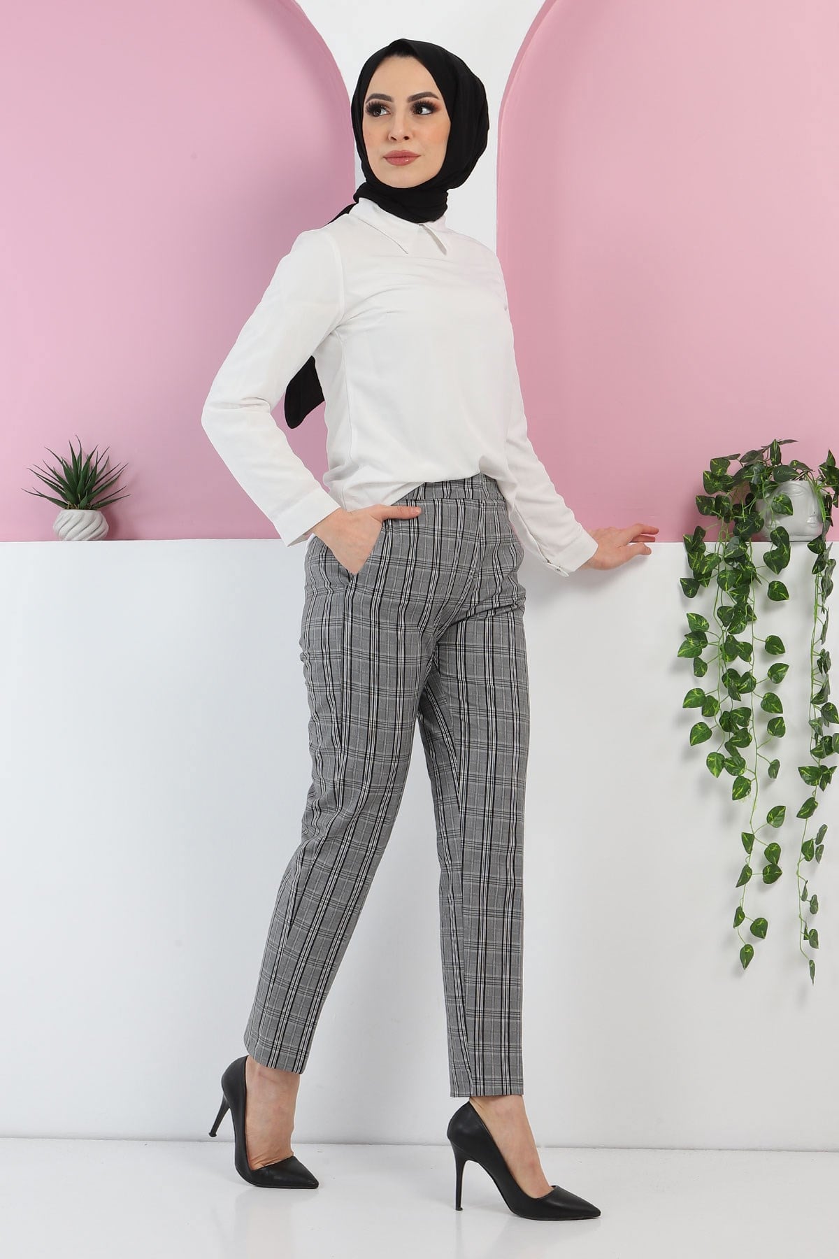 Ekoseli Kumaş Pantolon Siyah 6024