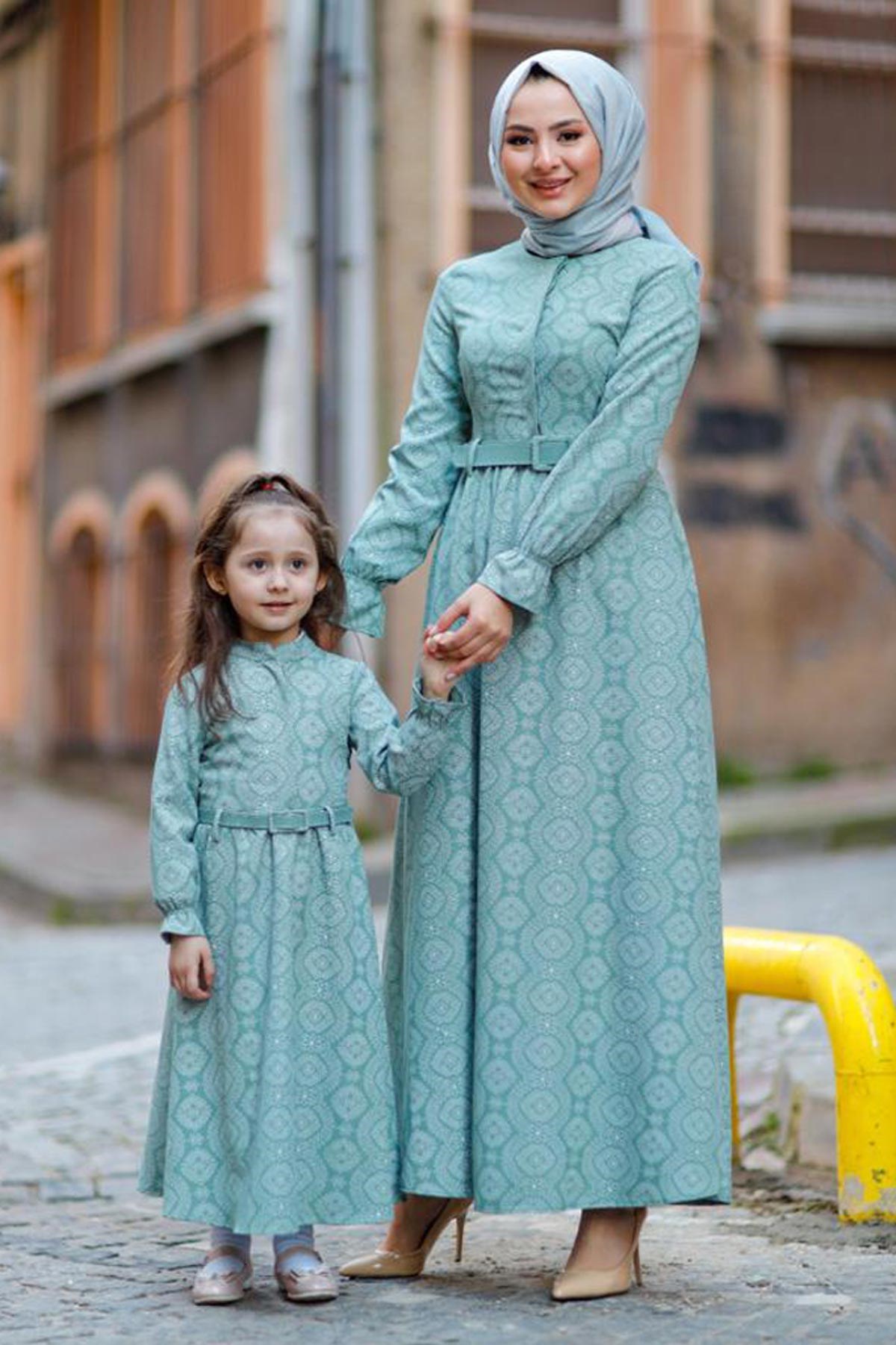 Etnik Desenli Çocuk Elbise Mint 10619