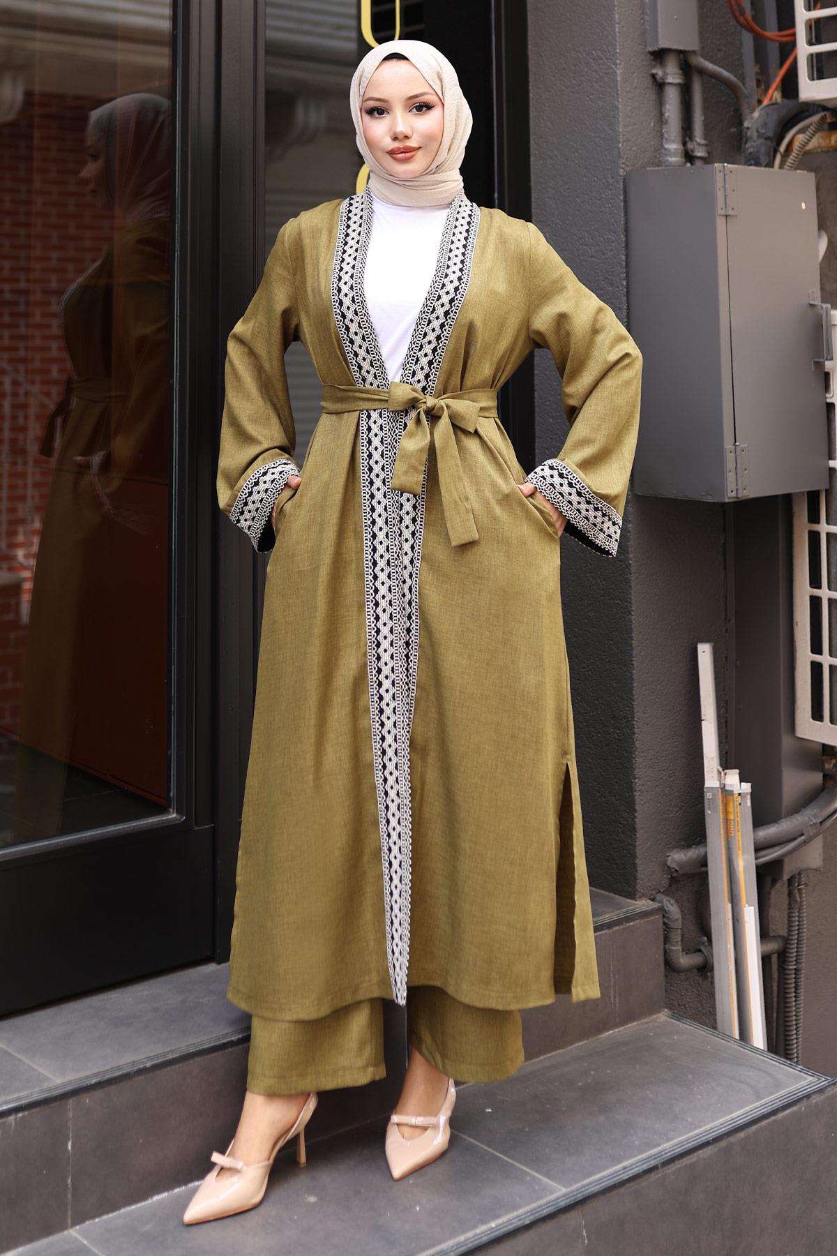 Etnik Desenli Kimono Takım Haki Haki MSW19251-4