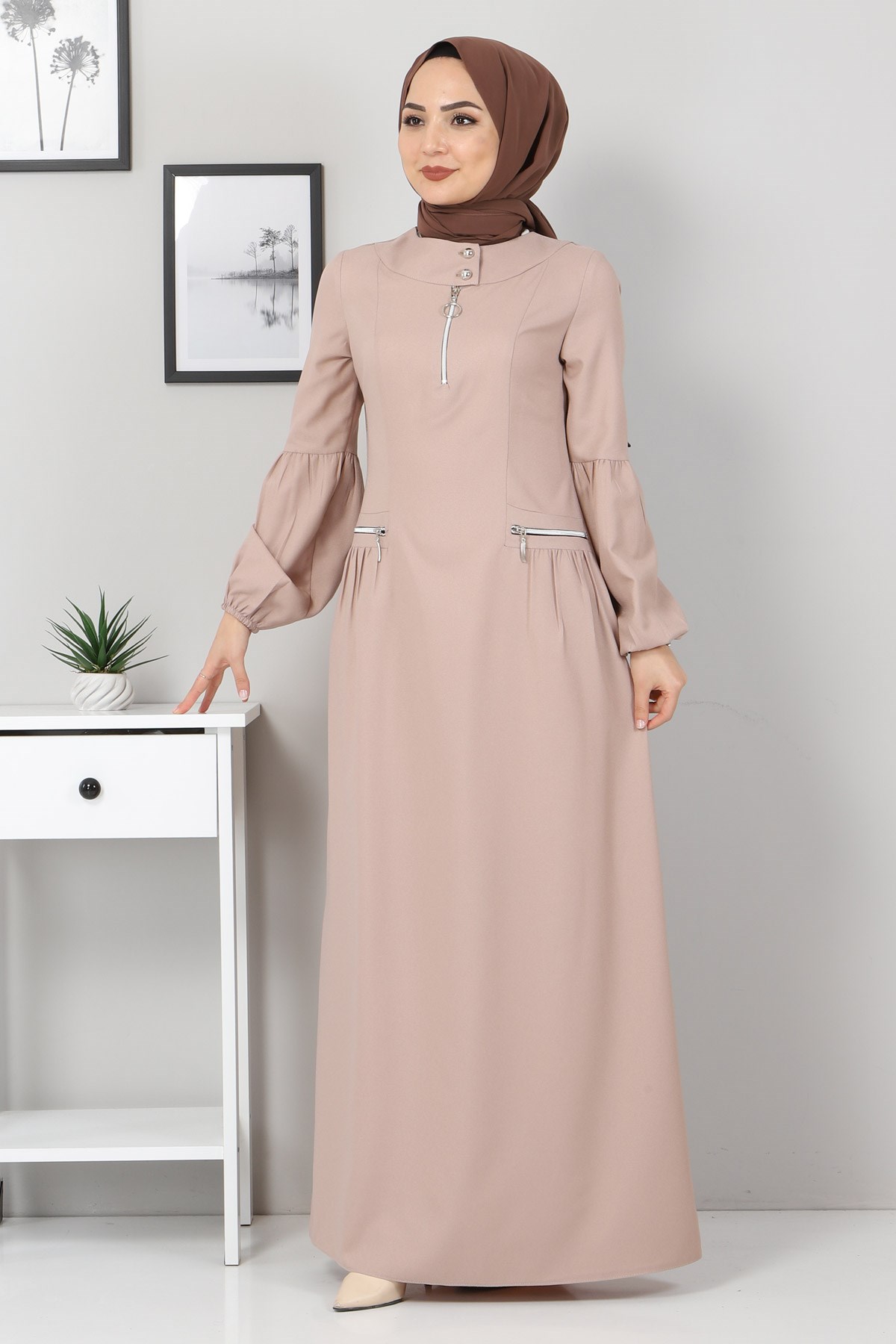 Fermuar Detaylı Elbise Bej 10269