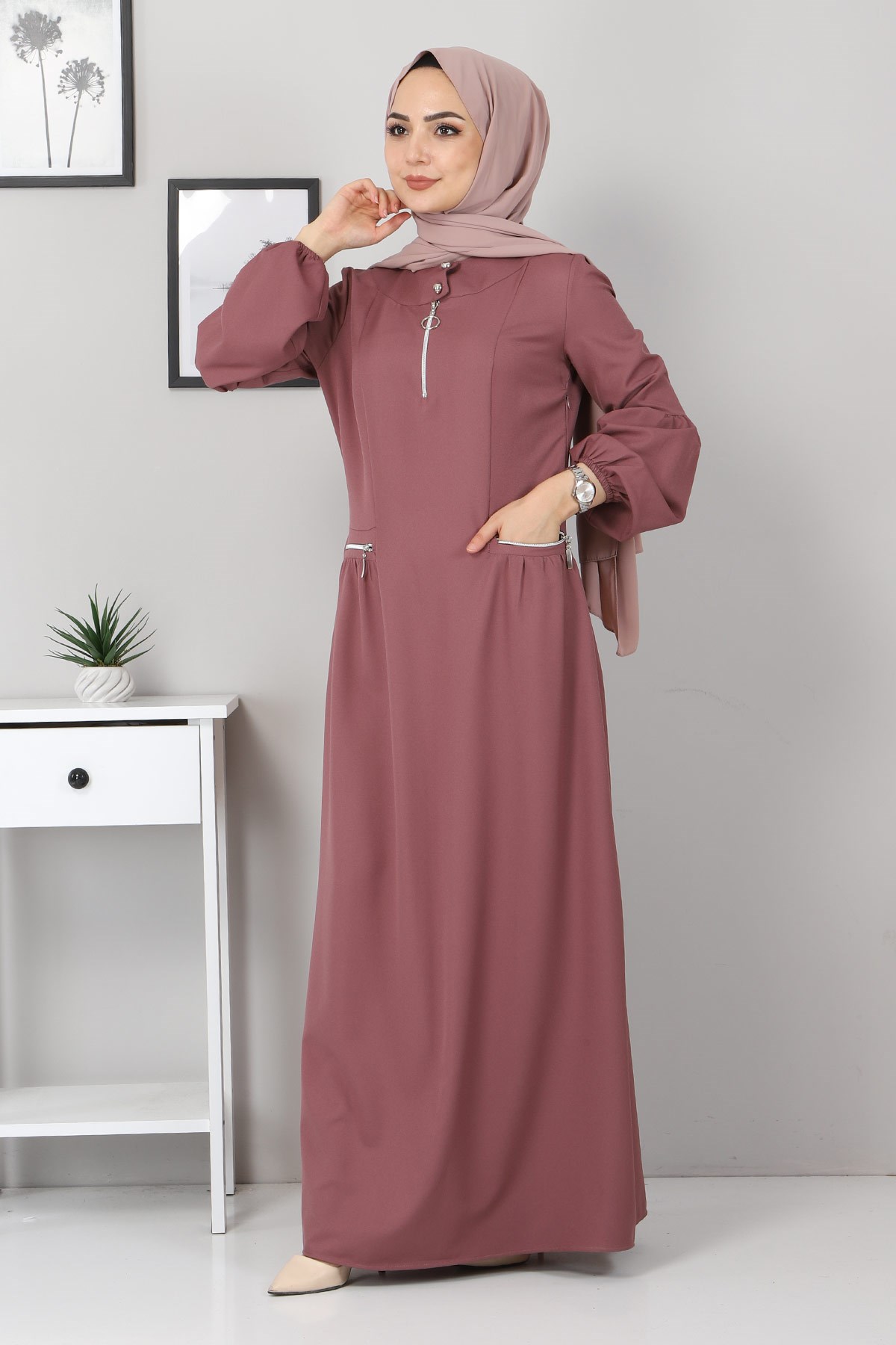 Fermuar Detaylı Elbise Gül Kurusu 10269
