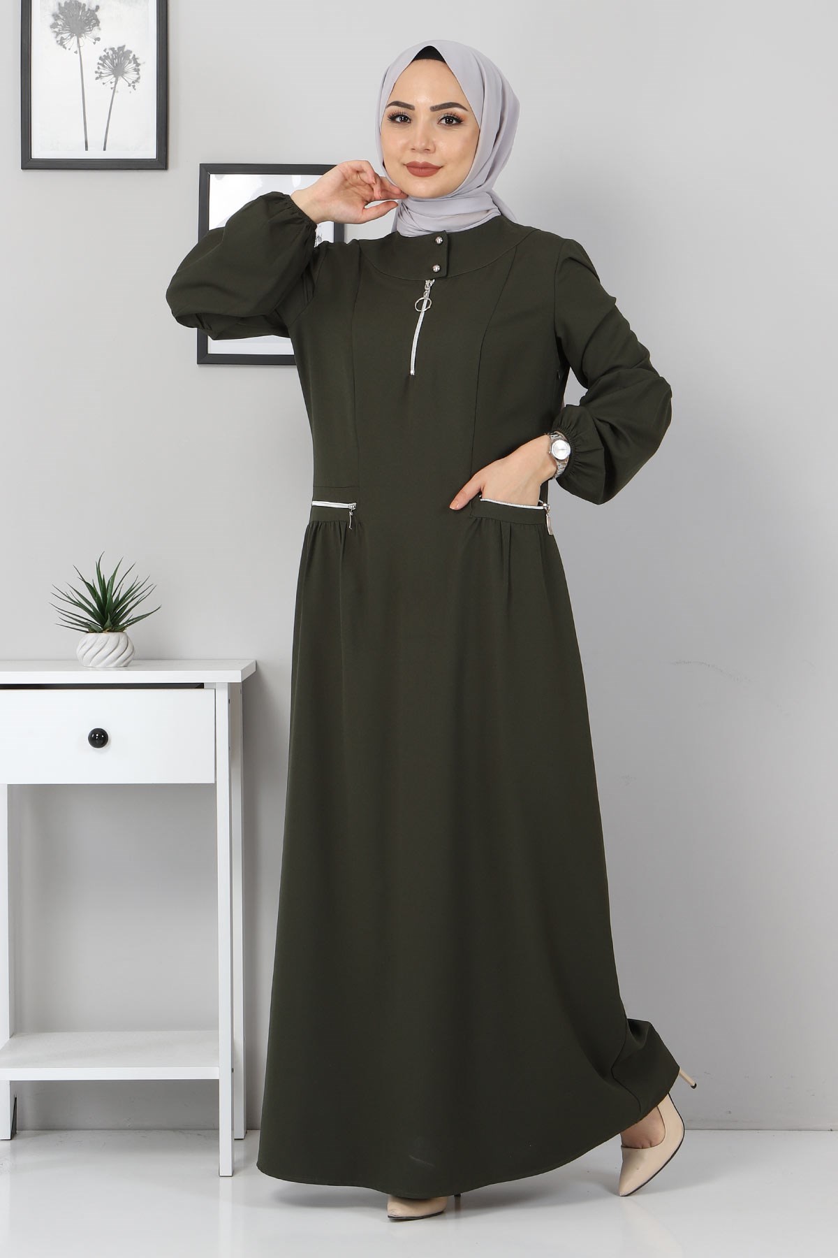 Fermuar Detaylı Elbise Haki 10269