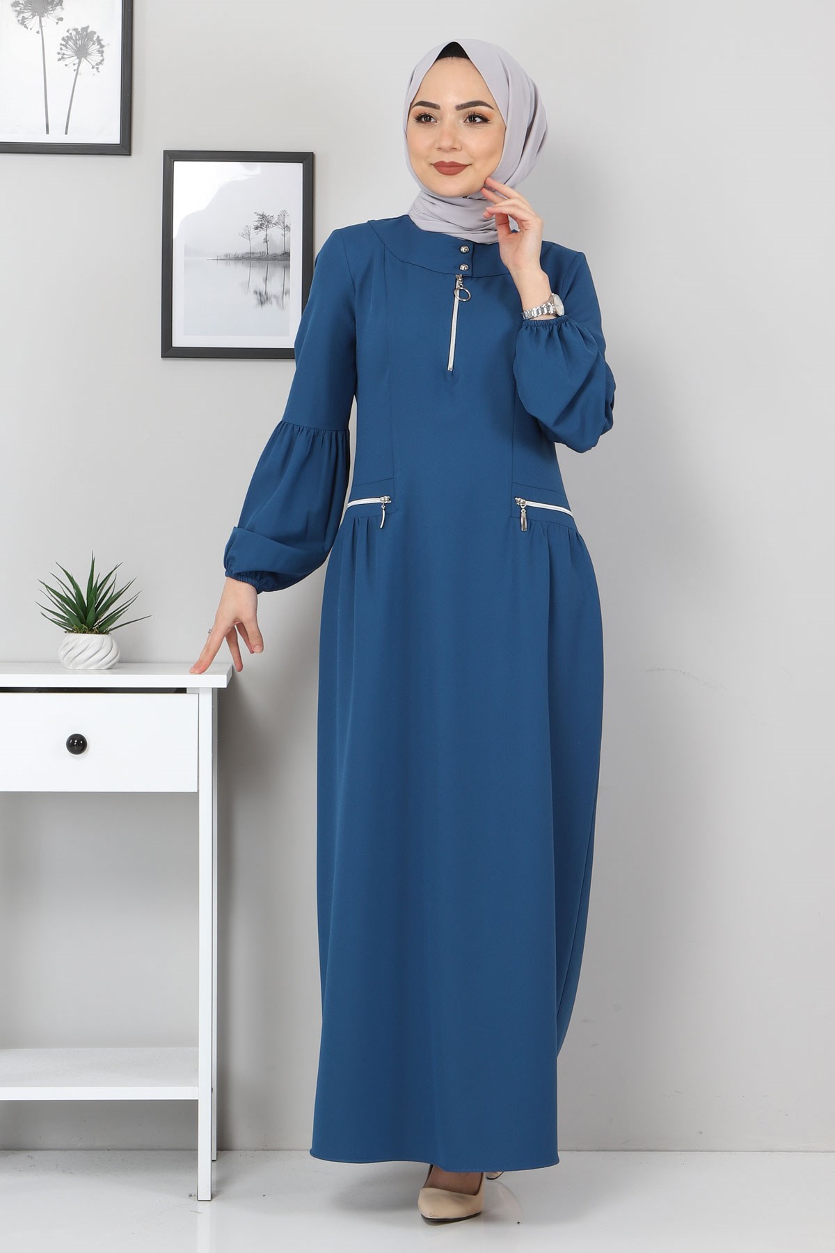 Fermuar Detaylı Elbise Mavi 10269