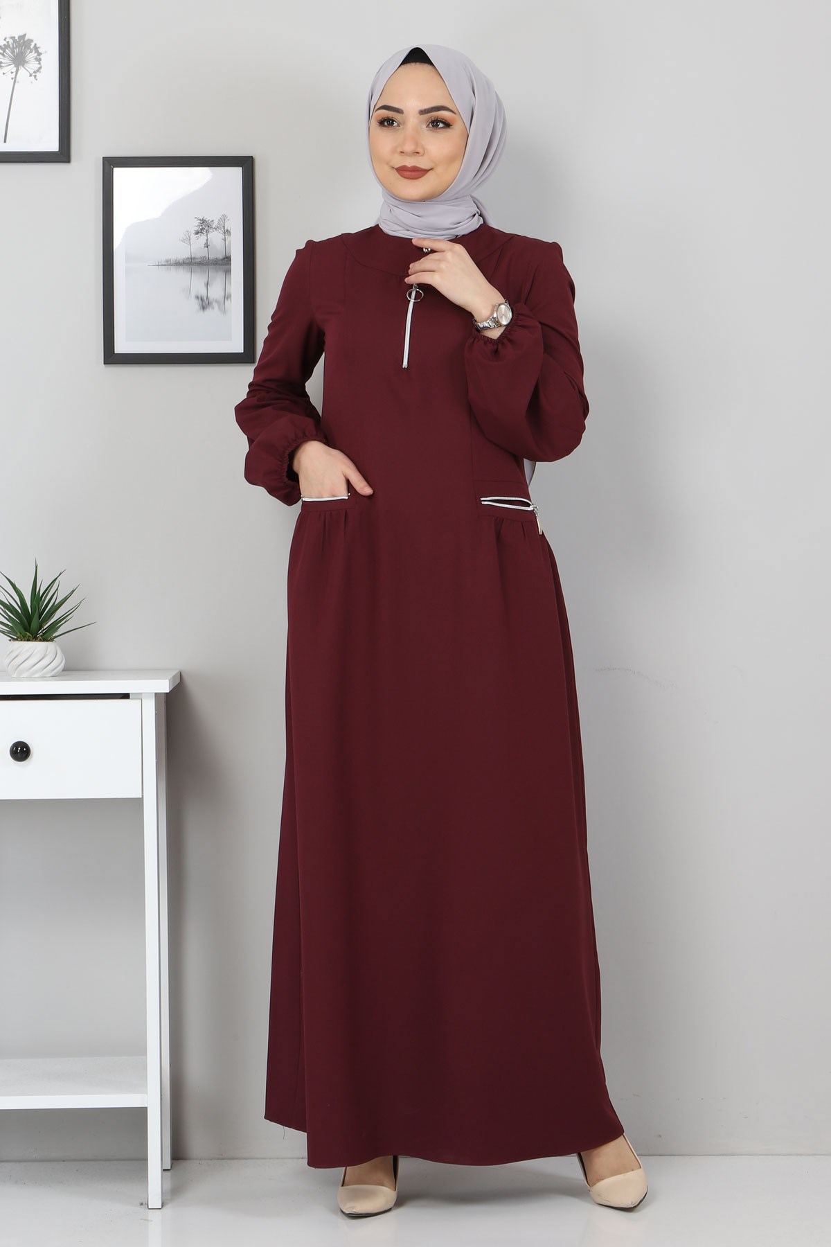 Fermuar Detaylı Elbise Mürdüm 10269