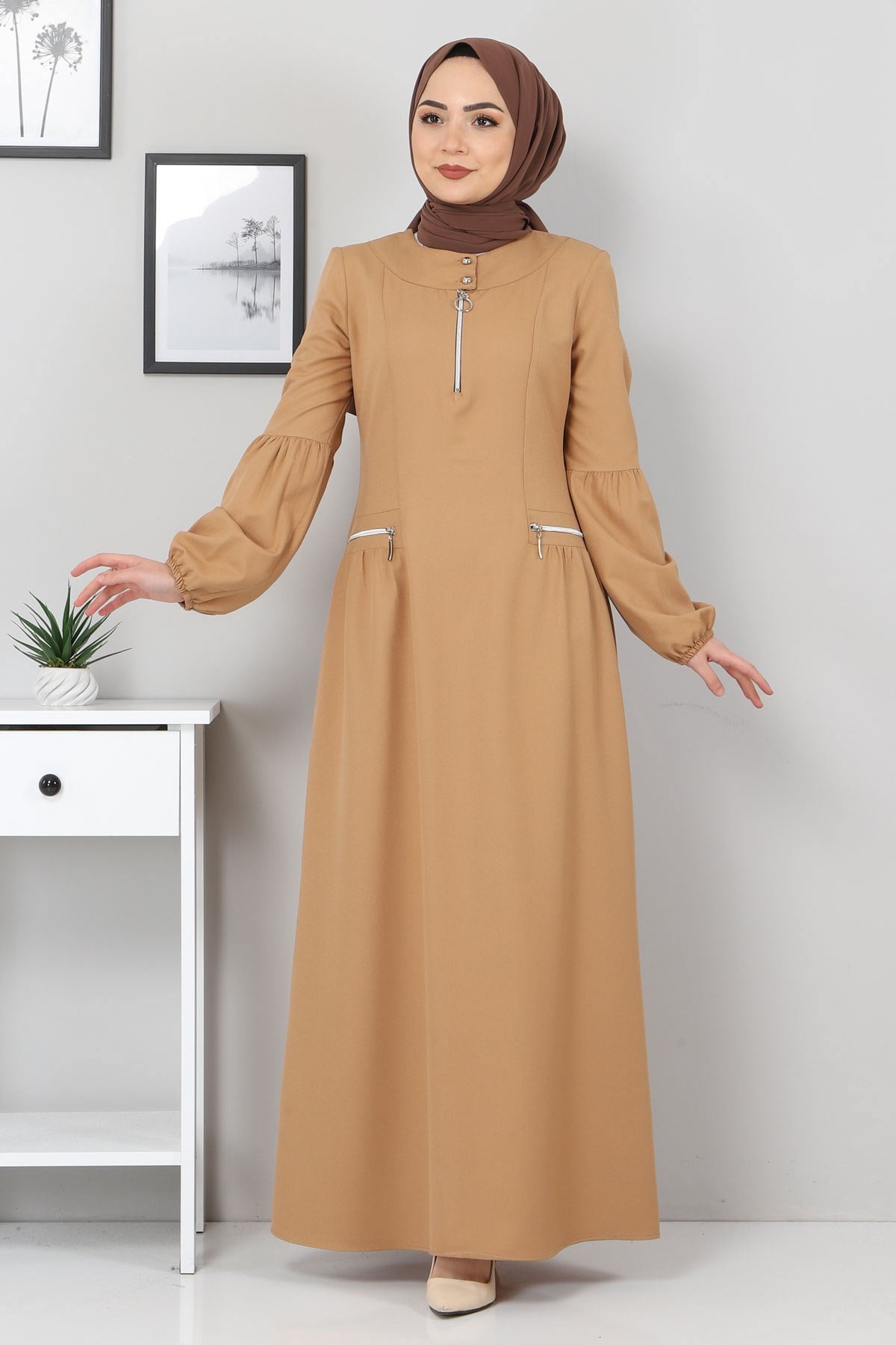 Fermuar Detaylı Elbise Taba 10269