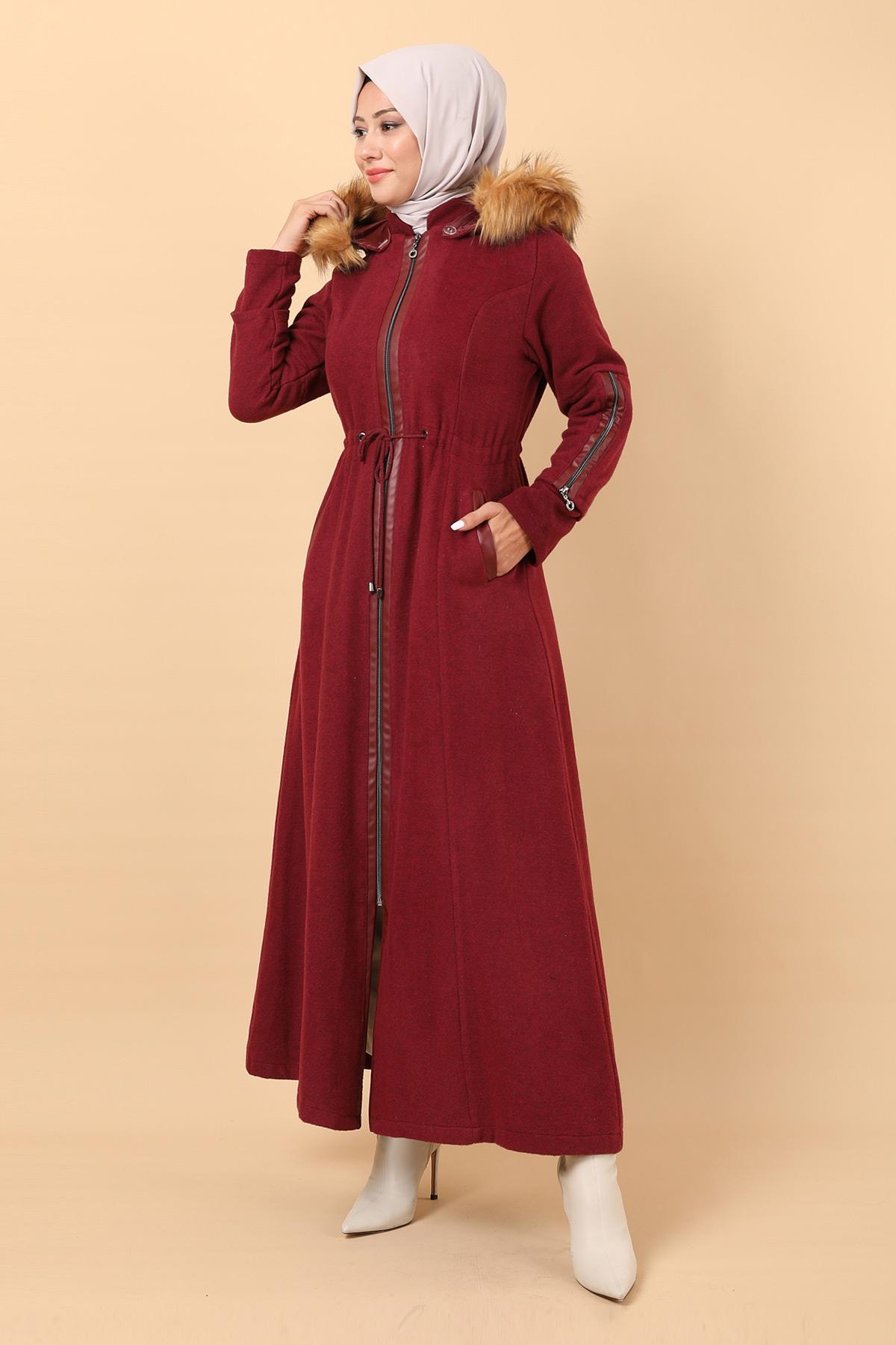 Fermuarlı Deri Detaylı Kaşe Kaban Bordo 12264