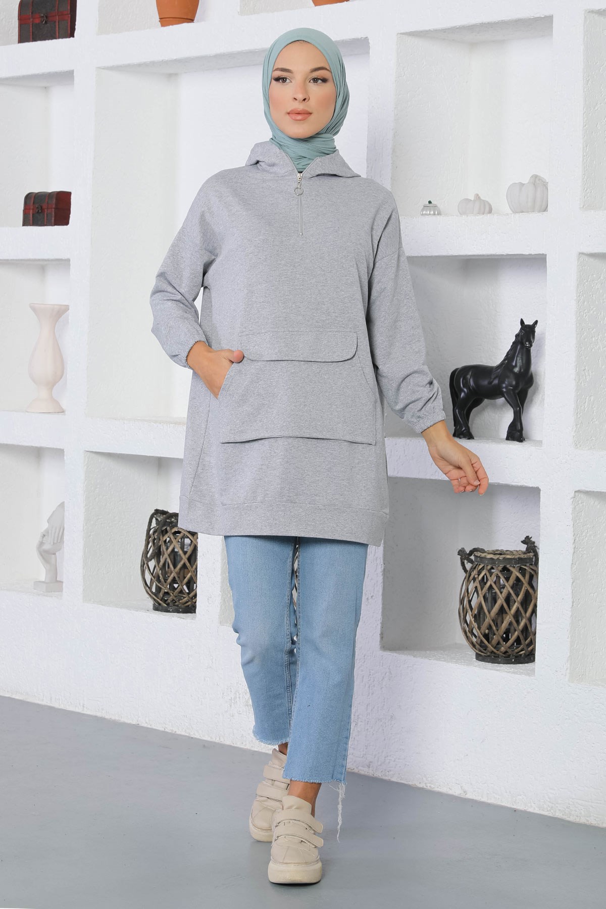 Fermuarlı Kapşonlu Sweashirt Gri 6048