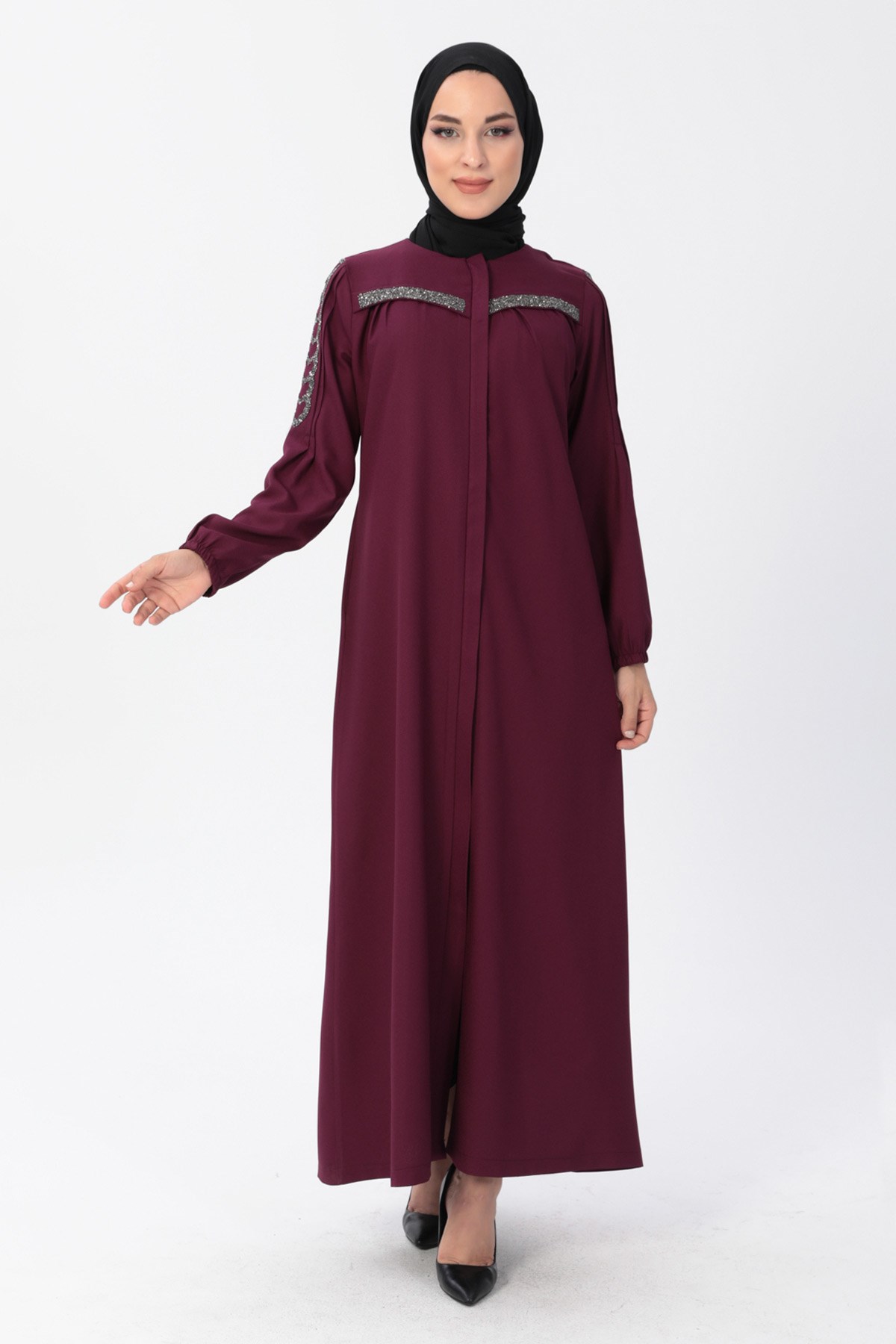 Fermuarlı Taş Detaylı Ferace Mürdüm 14300