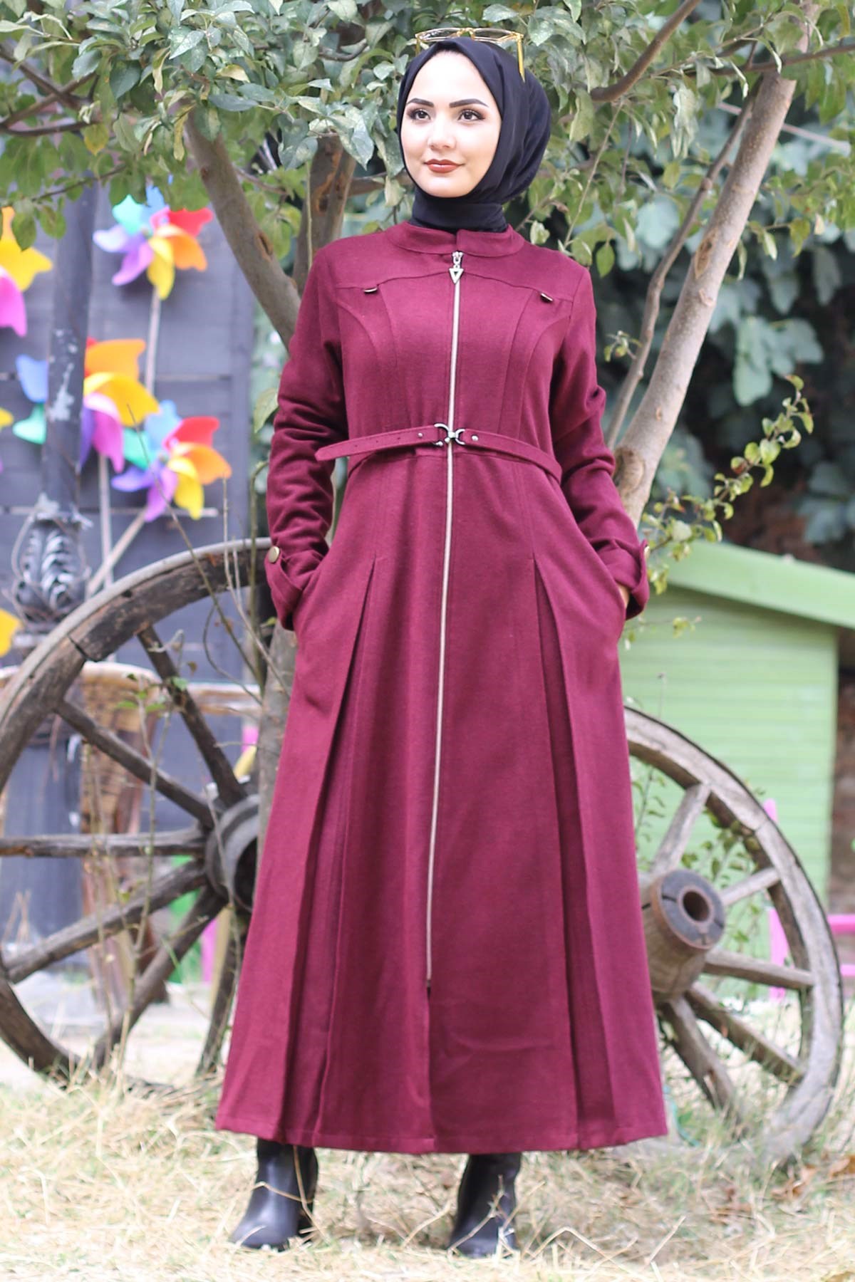 Fermuarlı Tesettür Kaşe Bordo Bordo 10147-6