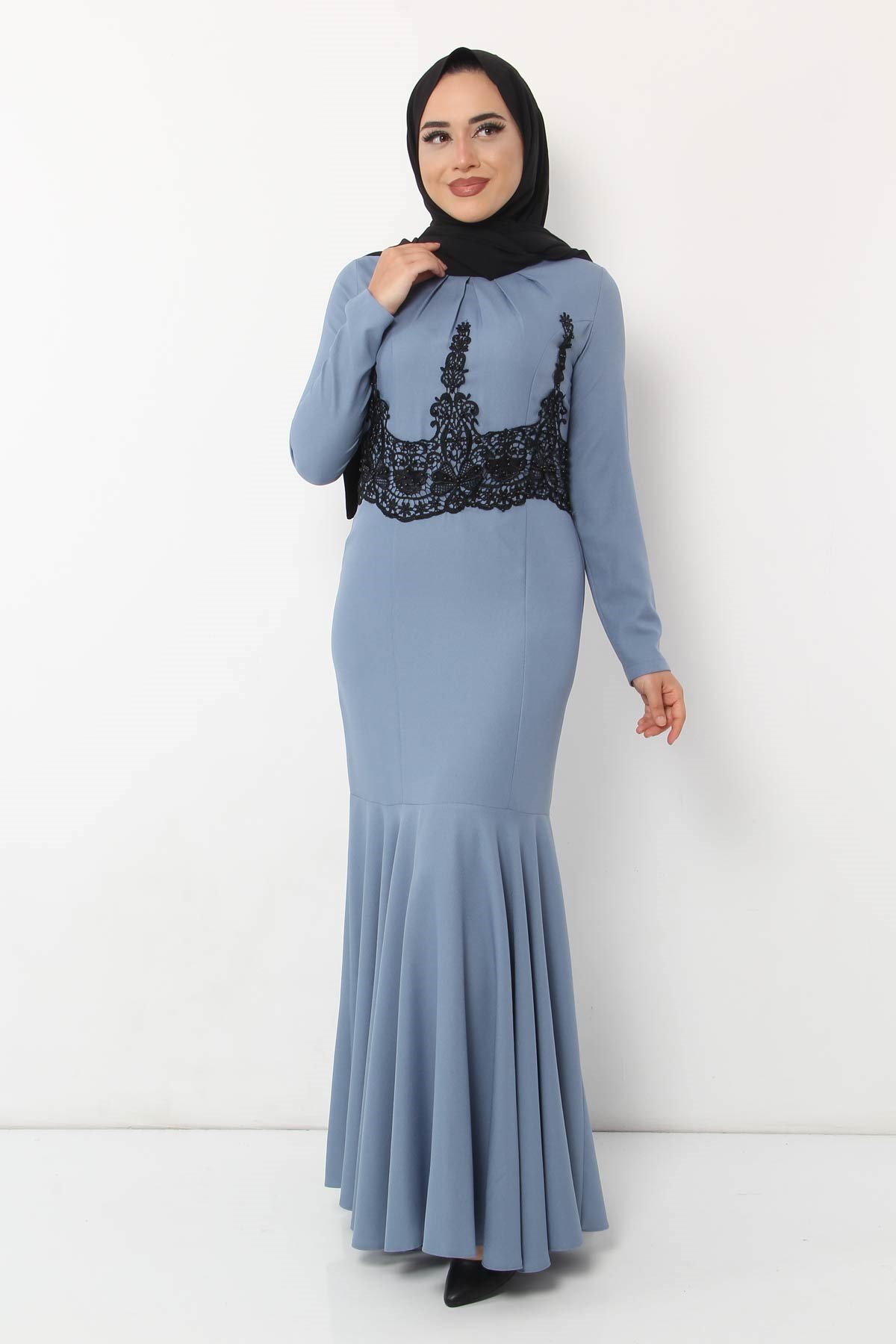 Fırfır Detay Dantelli Tesettür Elbise Bebe Mavisi Bebe Mavisi 8354-3