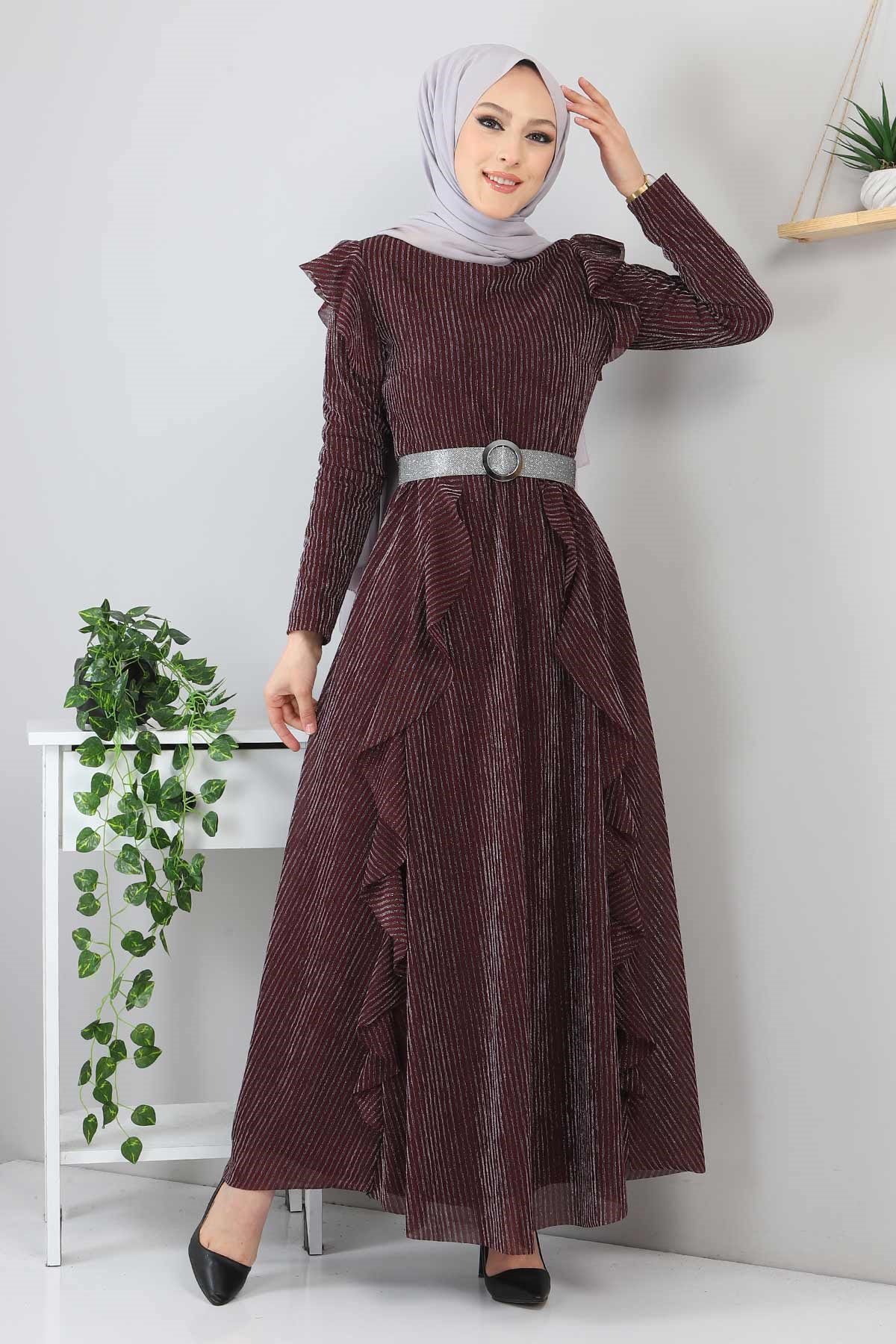 Fırfır Detay Simli Abiye Bordo 10240