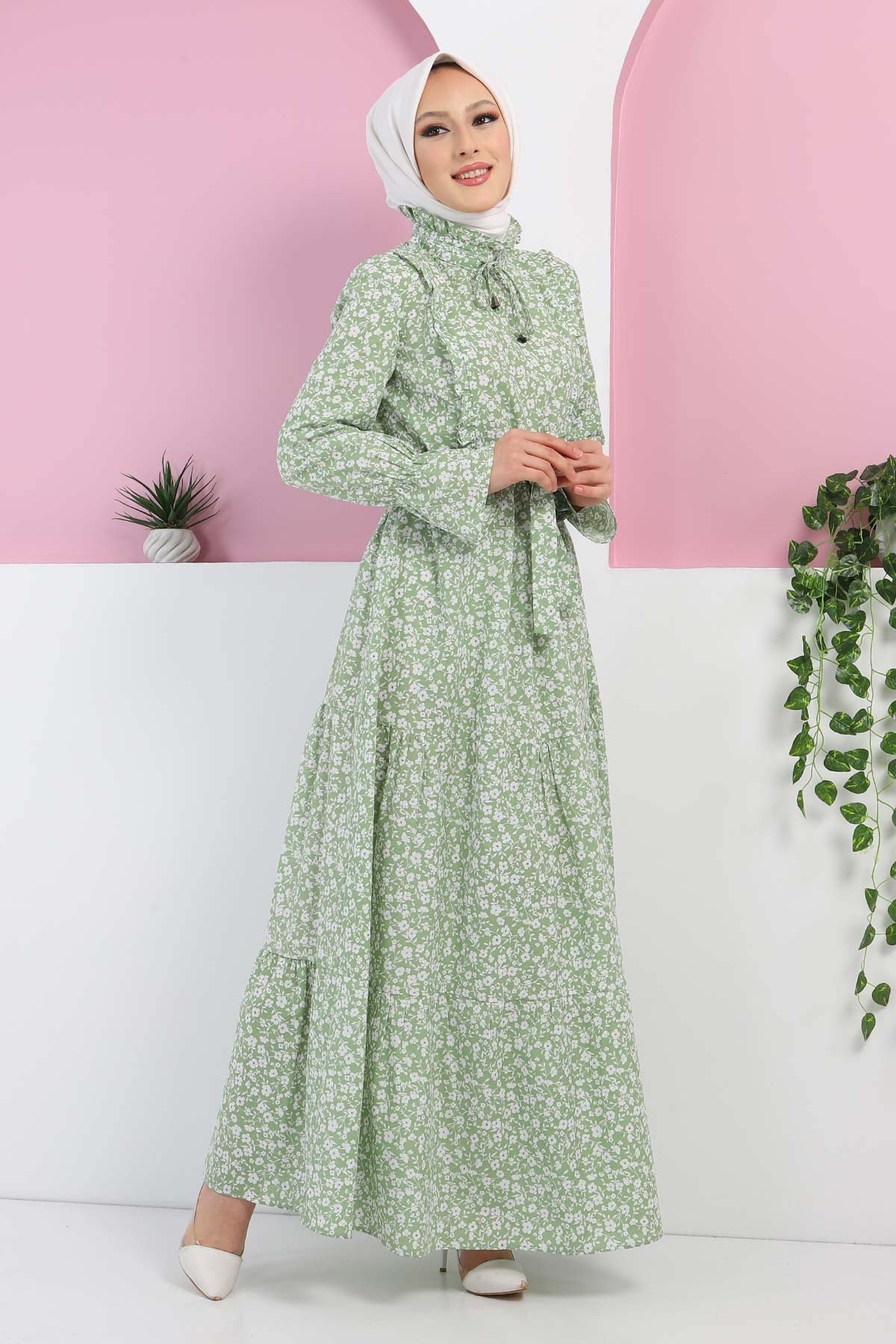 Fırfır Detaylı Çiçekli Elbise Mint 10174