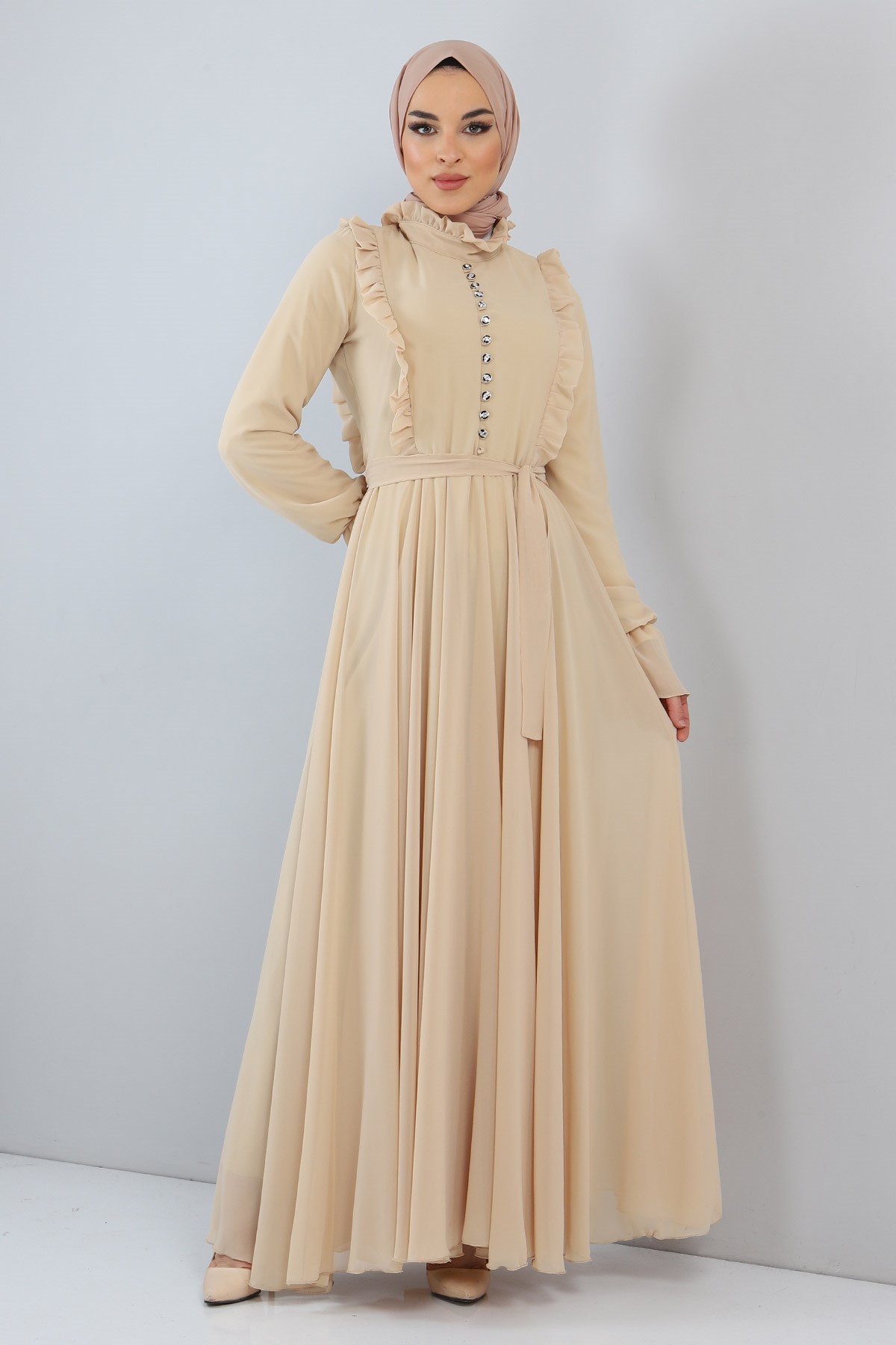 Fırfır Detaylı Şifon Abiye Gold 10787