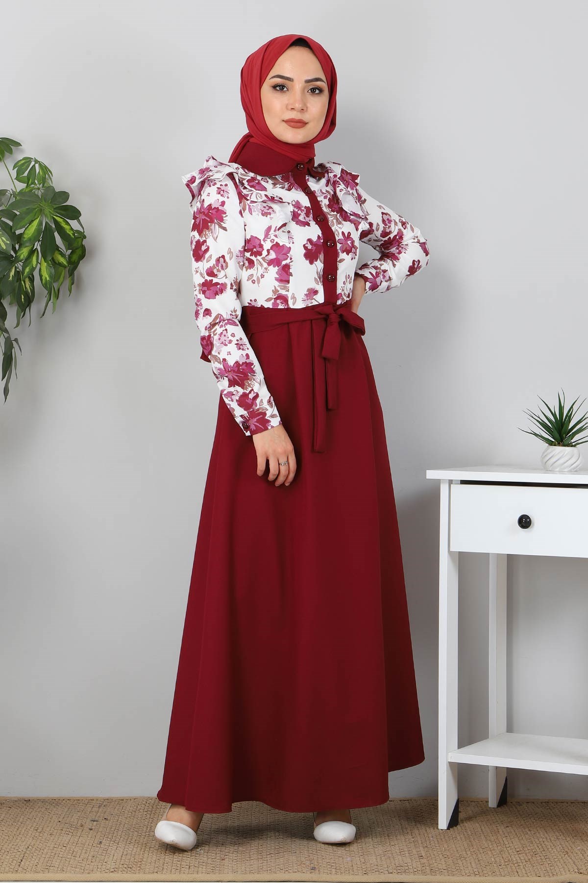 Fırfırlı Çiçekli Elbise Bordo 9817