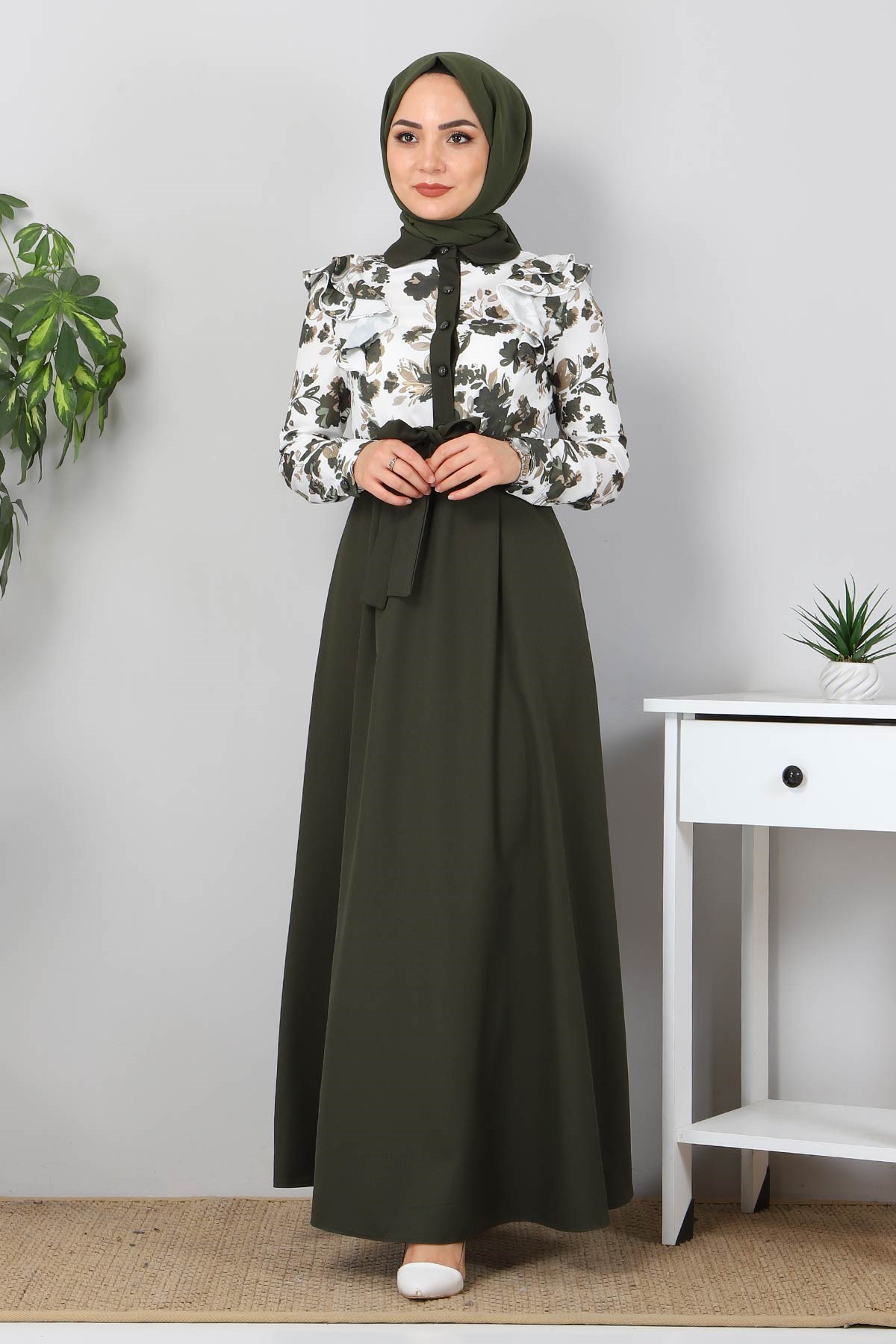 Fırfırlı Çiçekli Elbise Haki 9817