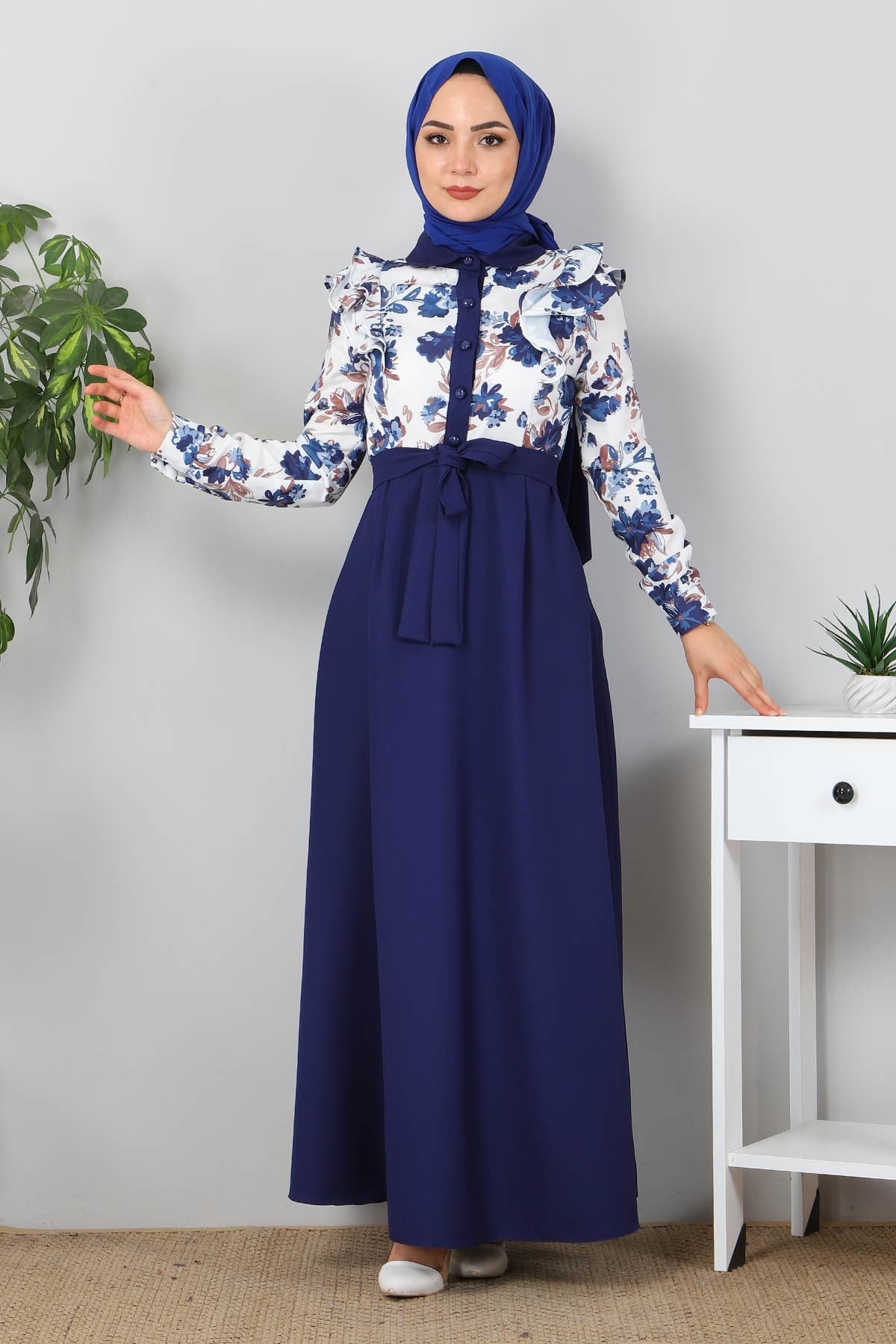 Fırfırlı Çiçekli Elbise İndigo 9817