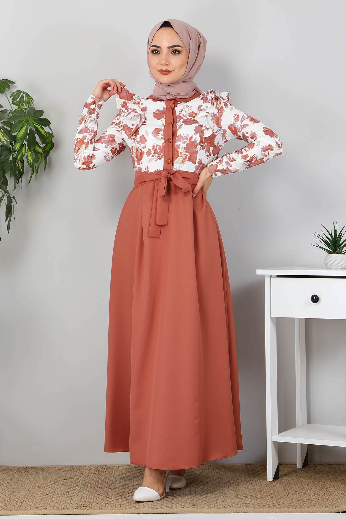 Fırfırlı Çiçekli Elbise Taba 9817