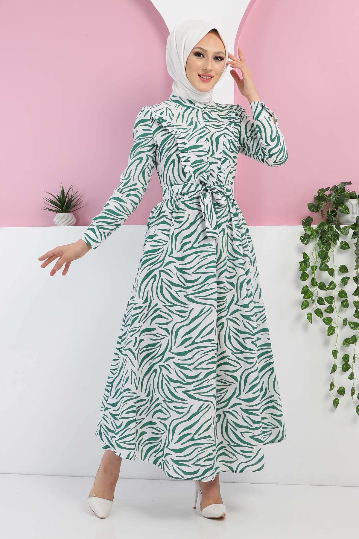Fırfırlı Desenli Elbise Mint 9235