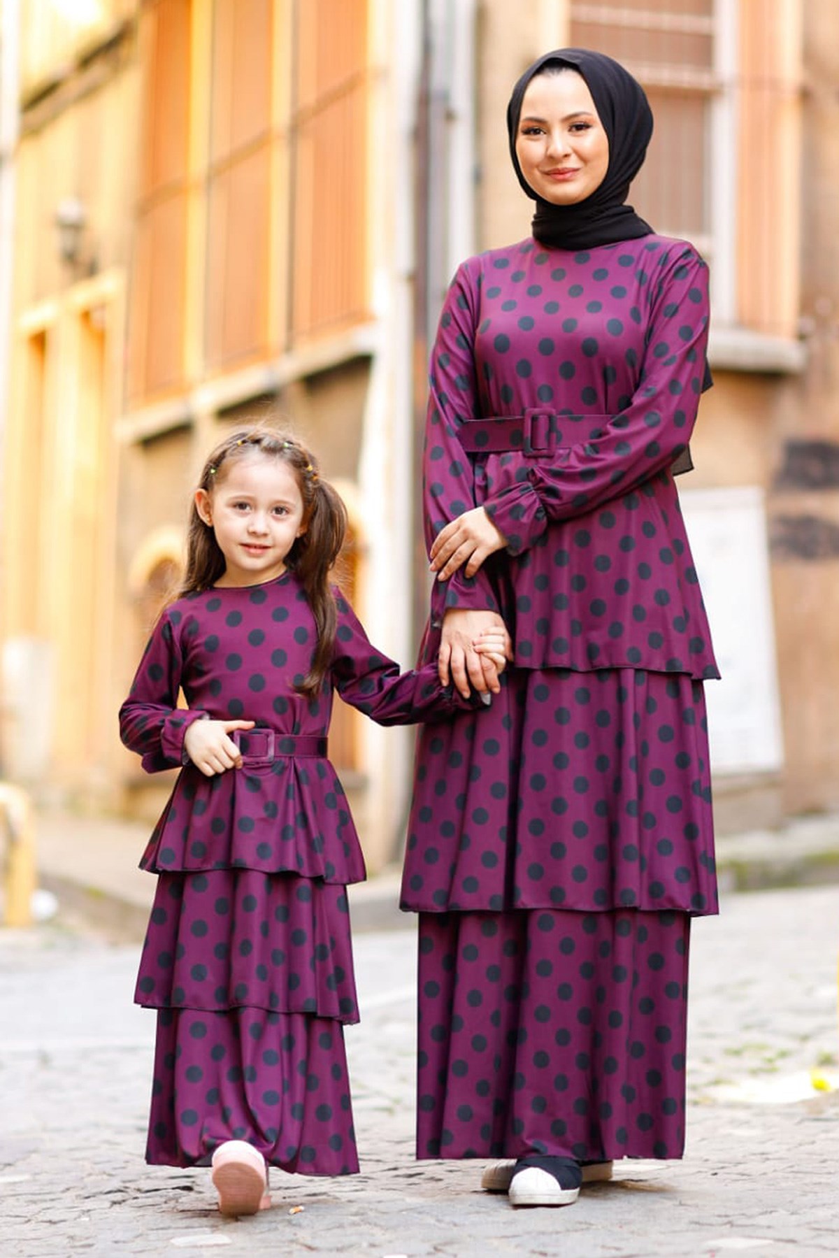 Fırfırlı Puantiyeli Anne Elbise Mürdüm 3118