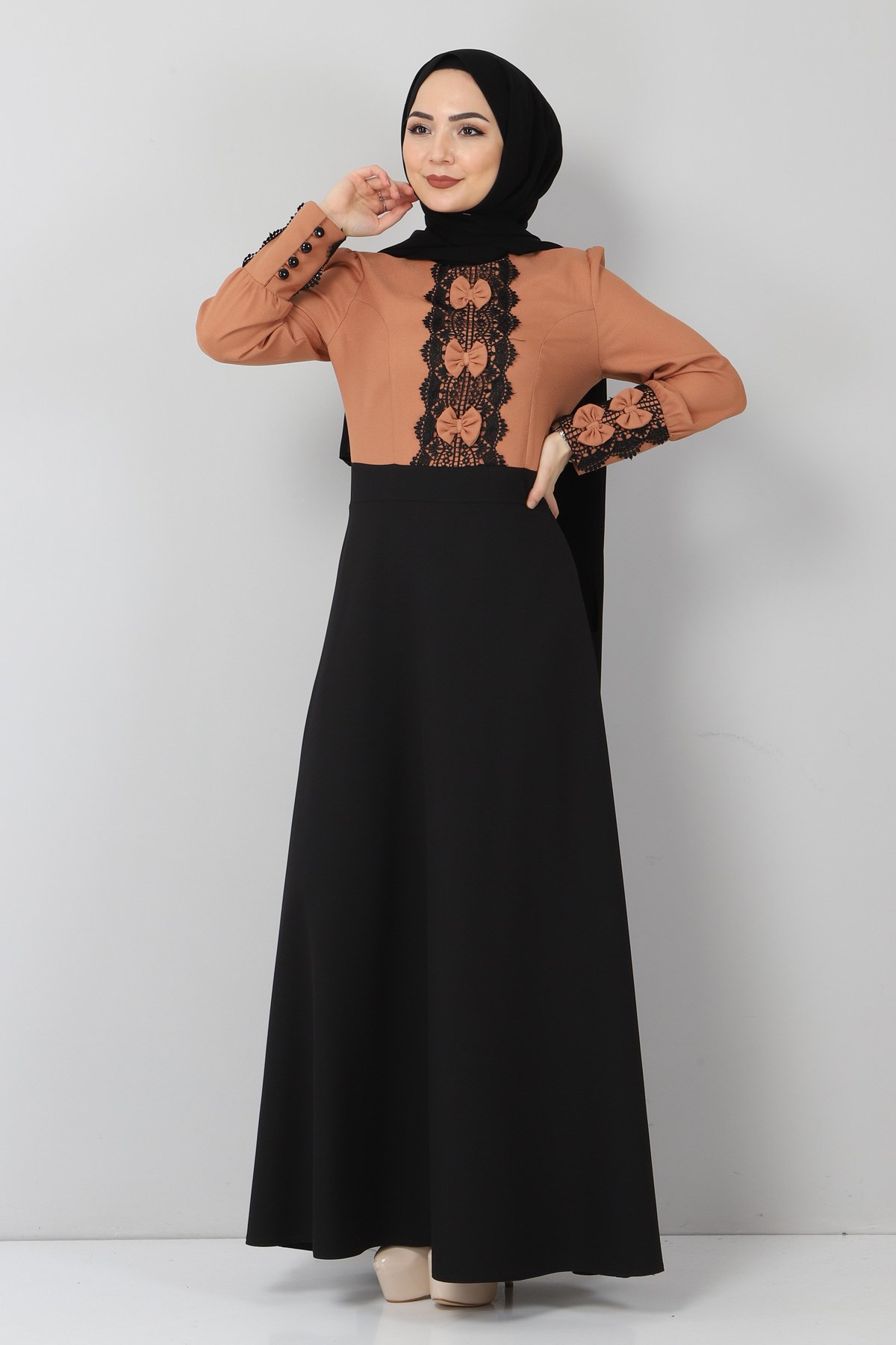 Fiyonk Detaylı Elbise Taba 9968