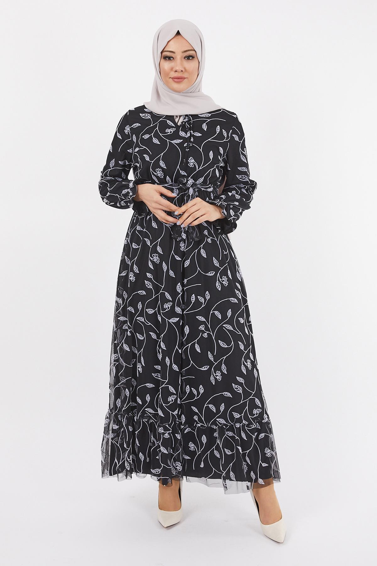 Flok Baskı Şifon Elbise Ekru 12224