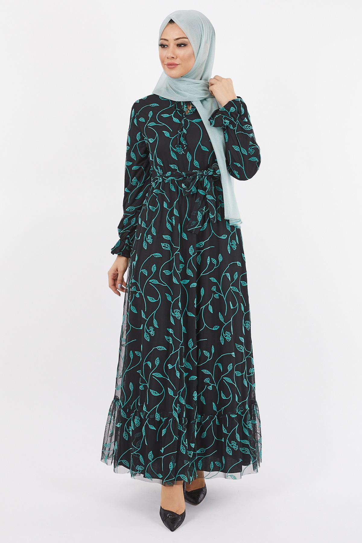 Flok Baskı Şifon Elbise Mint 12224