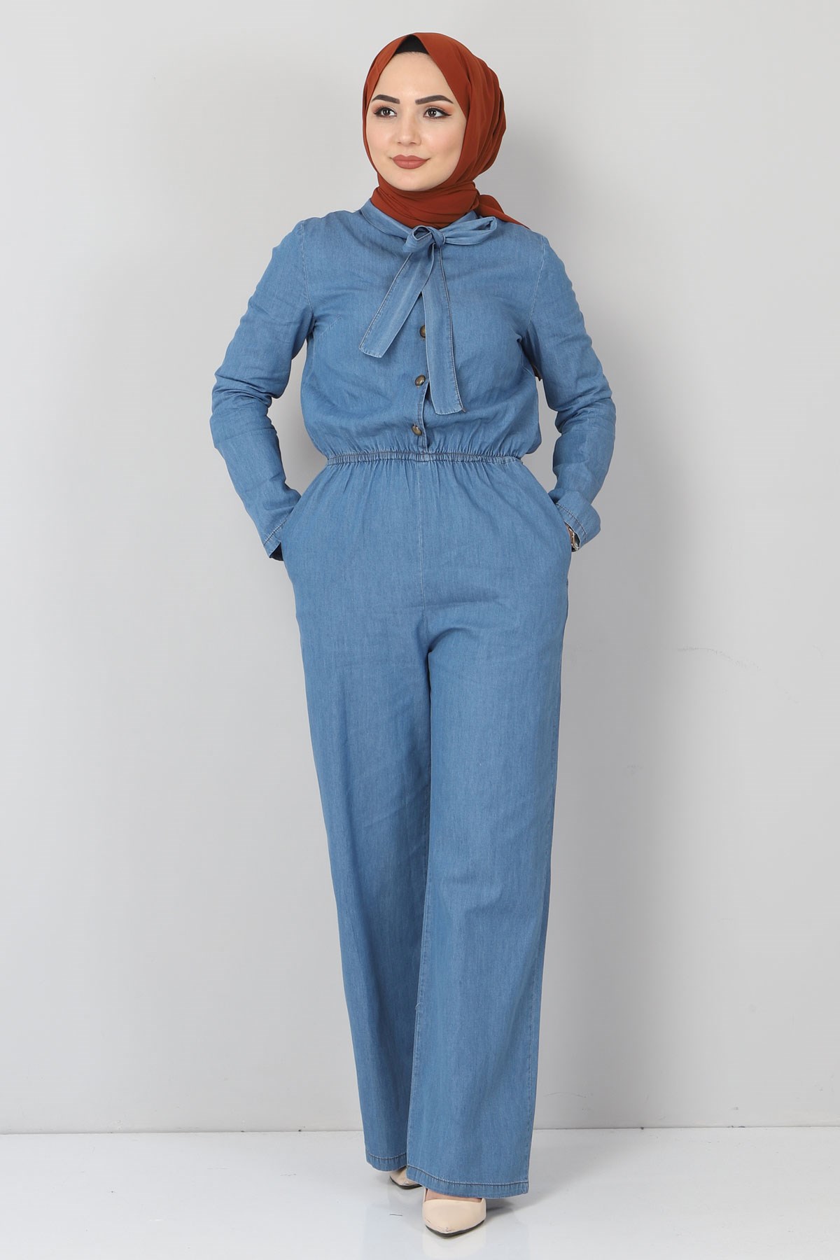 Fularlı Düğmeli Tesettür Tulum Açık Kot Açık Kot 9062-1