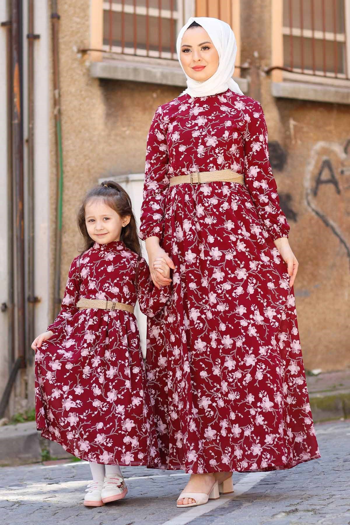 Gül Desen Çocuk Elbise Bordo 10480-11
