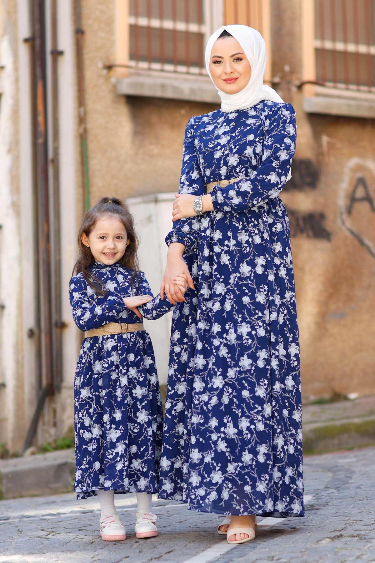 Gül Desen Çocuk Elbise İndigo 10480-11