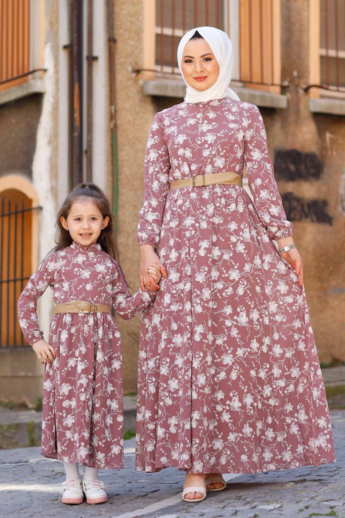 Gül Desen Çocuk Elbise Lila 10480-11