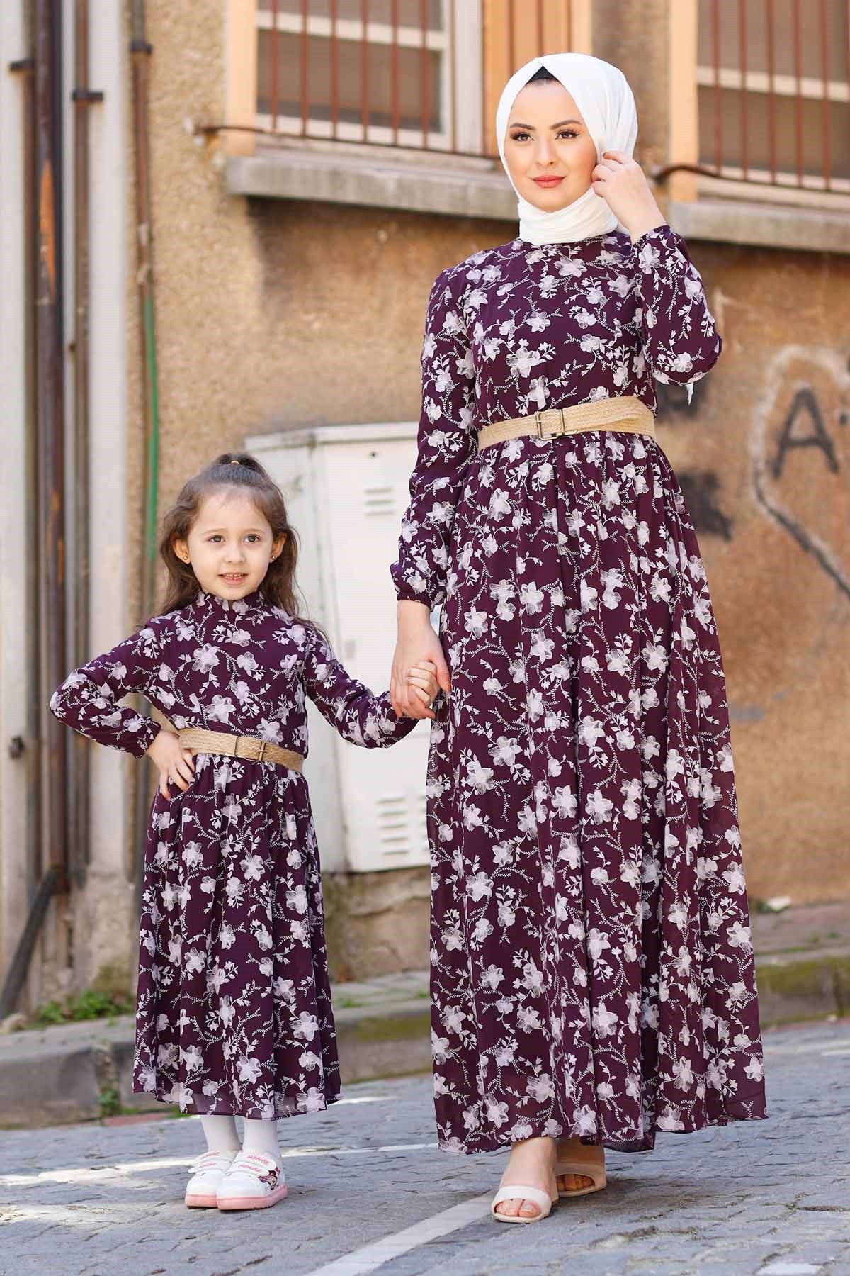 Gül Desen Çocuk Elbise Mürdüm 10480-11