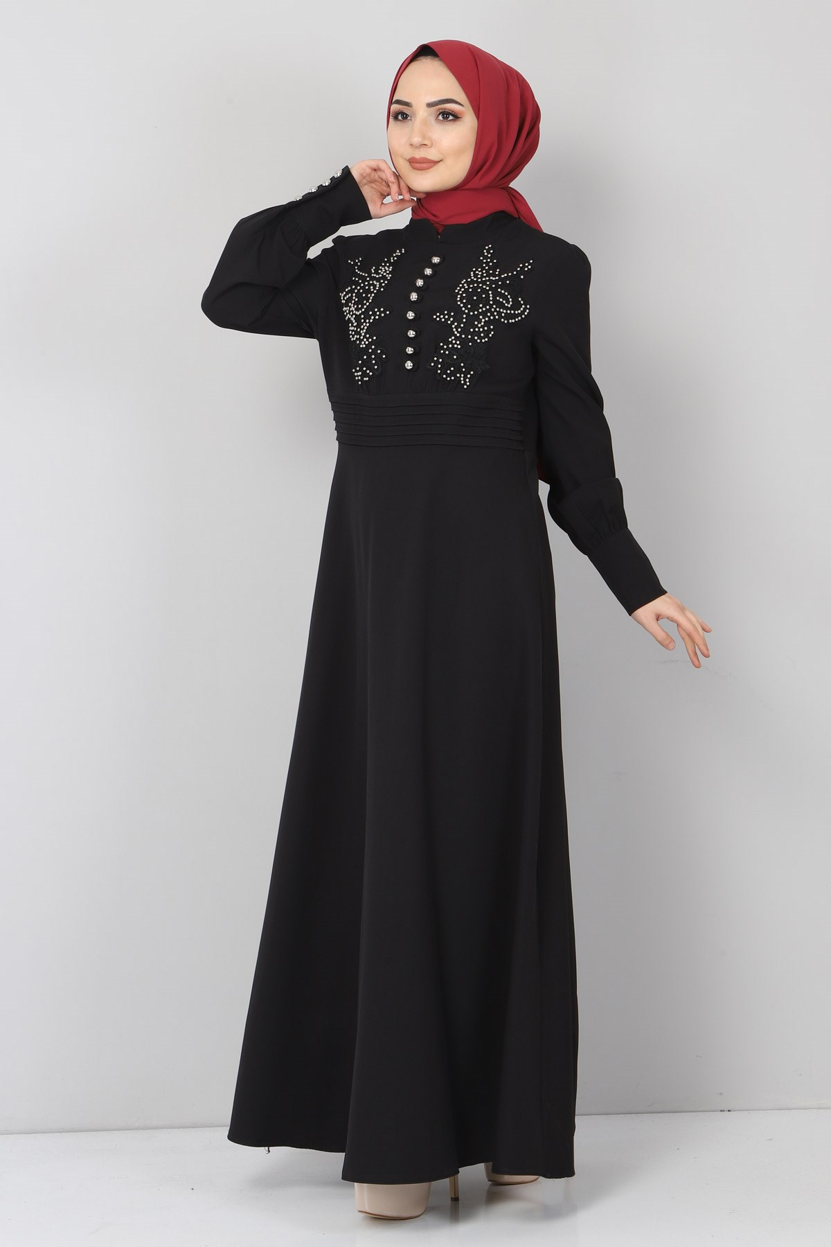 Güpürü İncili Tesettür Elbise Siyah Siyah 9673