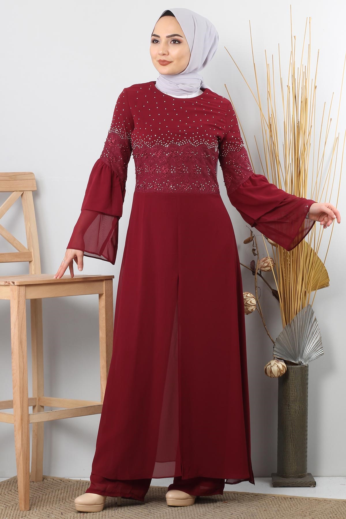 Güpürü Taşlı Tesettür Kombin Bordo 9104