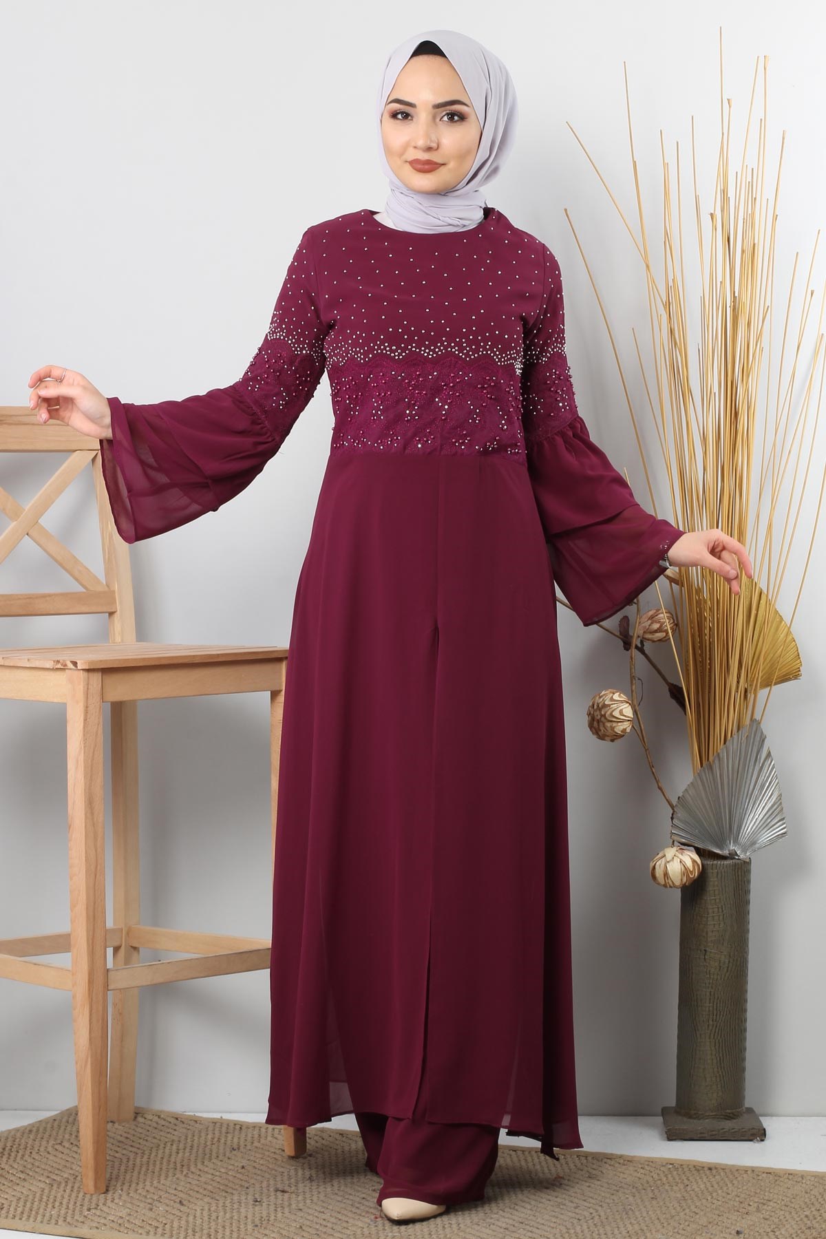 Güpürü Taşlı Tesettür Kombin Mürdüm 9104