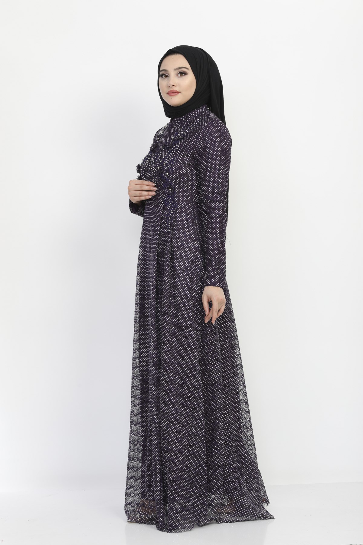 İnci Dantelli Simli Tesettür Elbise Mor Mor 8996-3