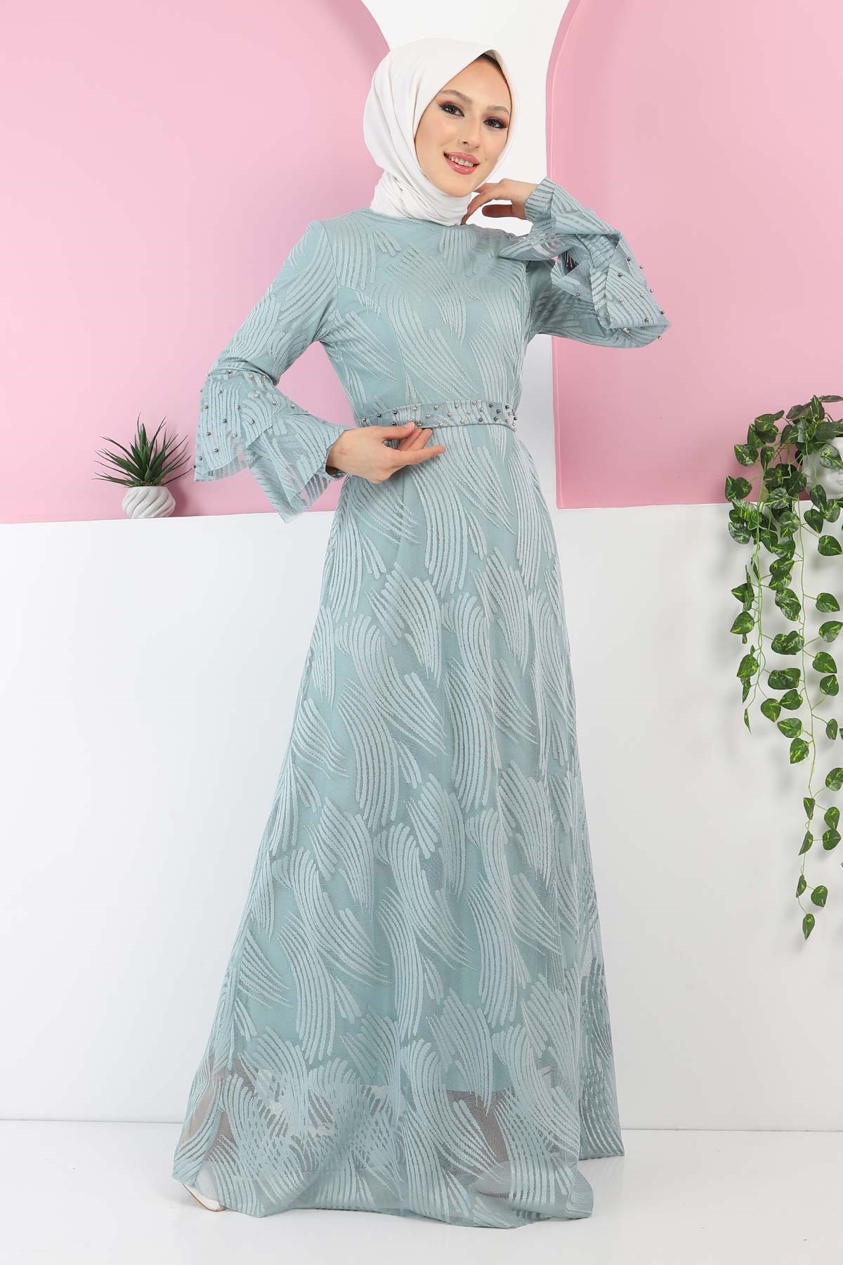 İnci Detaylı Dantel Elbise Mint 13301