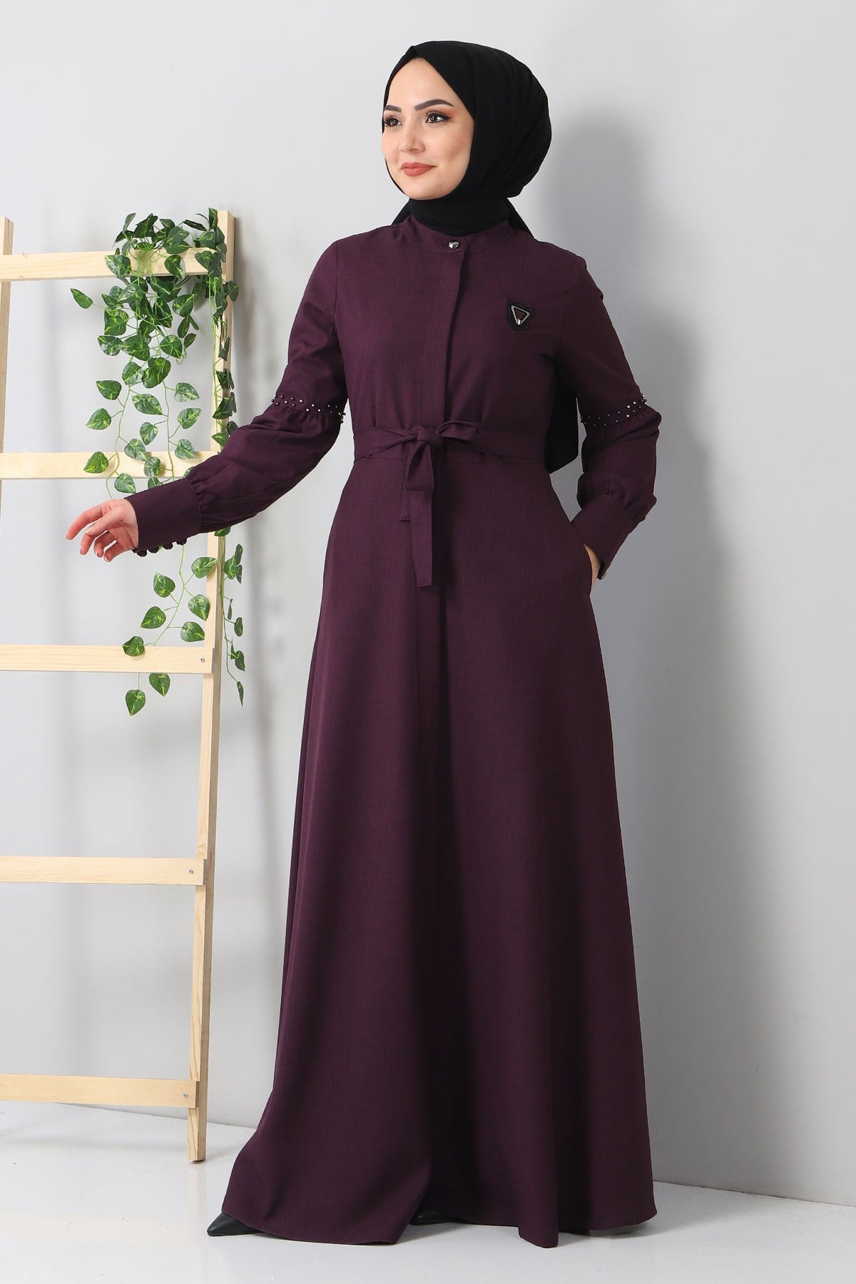 İnci Detaylı Ferace Mürdüm 9094