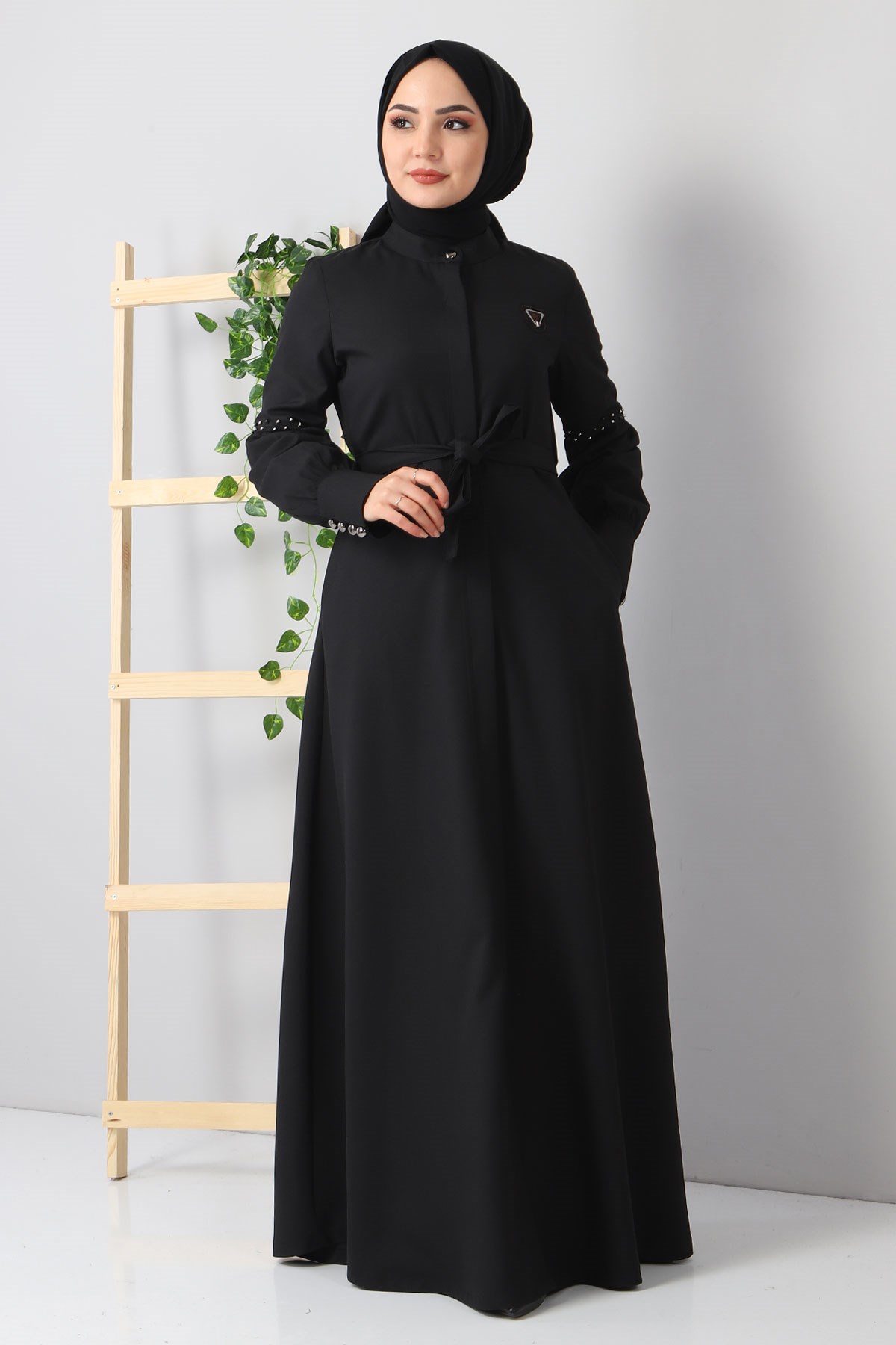 İnci Detaylı Ferace Siyah 9094