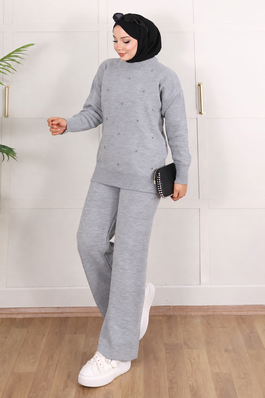İnci Detaylı Triko İkili Takım Gri 6169