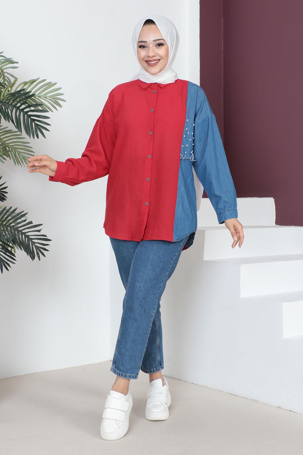 İnci Ve Kot Detaylı Oversize Gömlek Bordo 6069