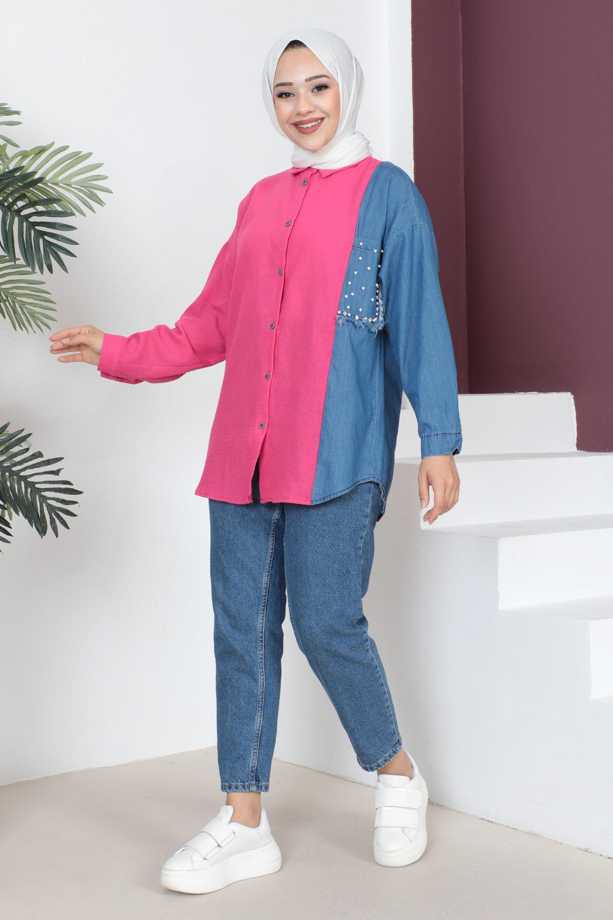 İnci Ve Kot Detaylı Oversize Gömlek Şarabi 6069
