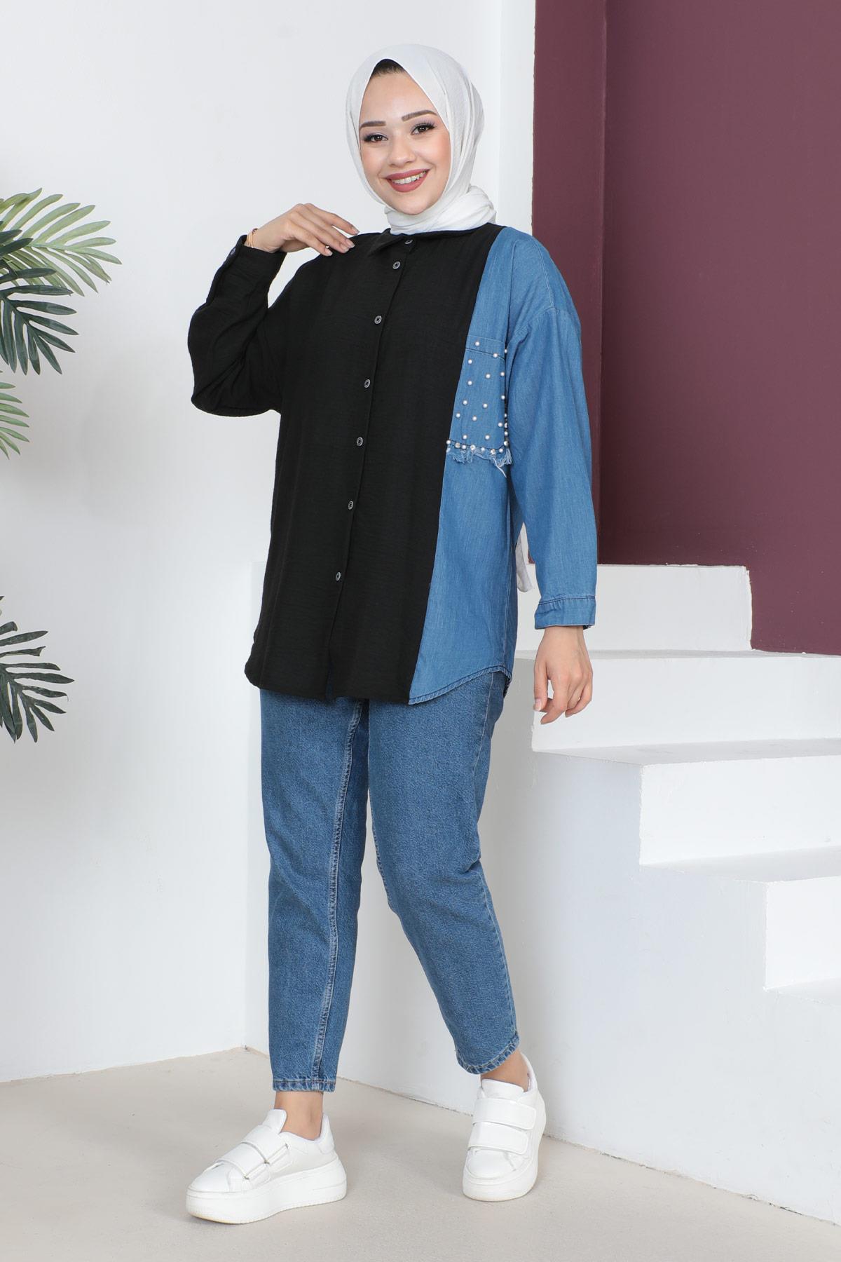 İnci Ve Kot Detaylı Oversize Gömlek Siyah 6069