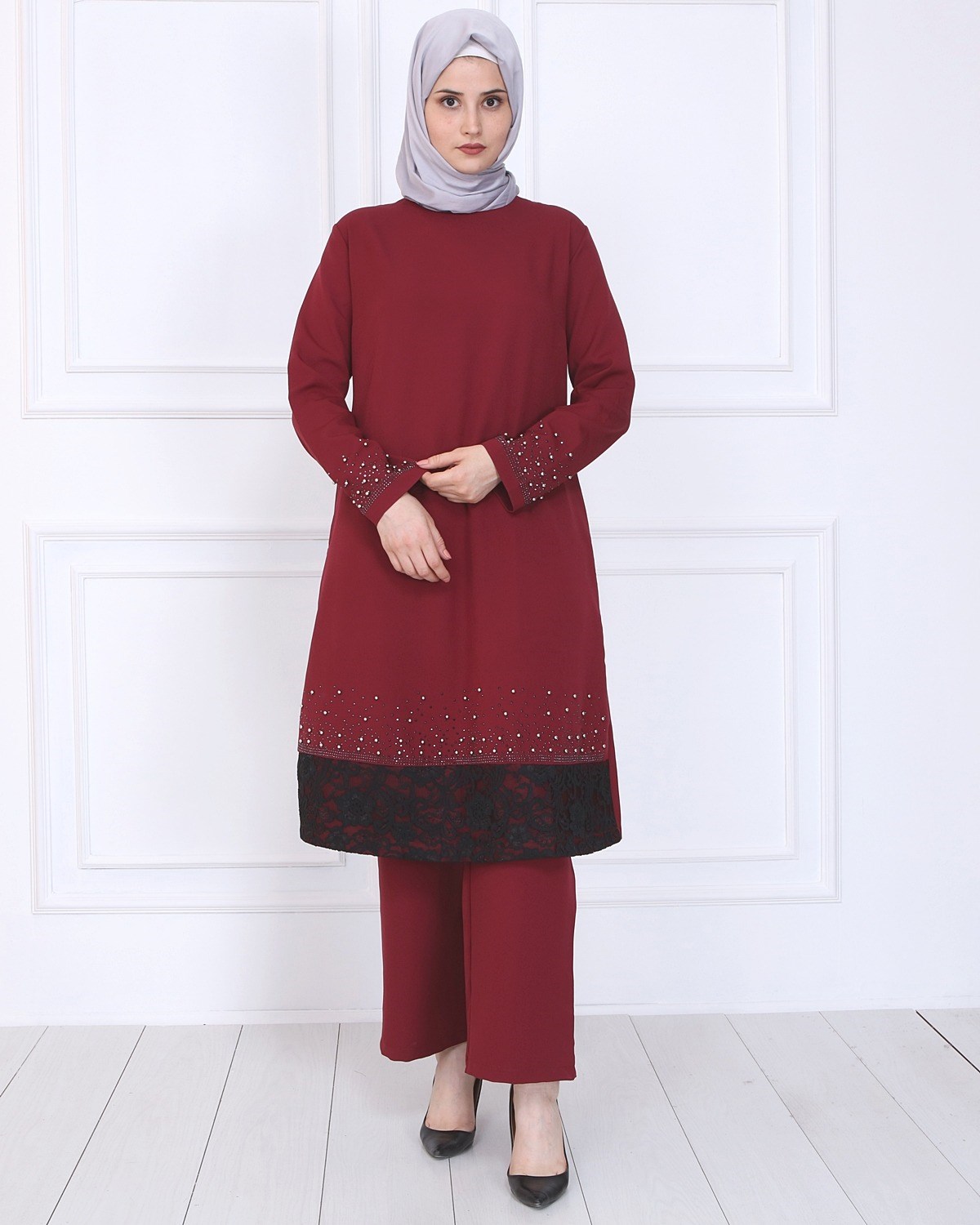 İncili Dantelli Tesettür Kombin Bordo Bordo 9978-3