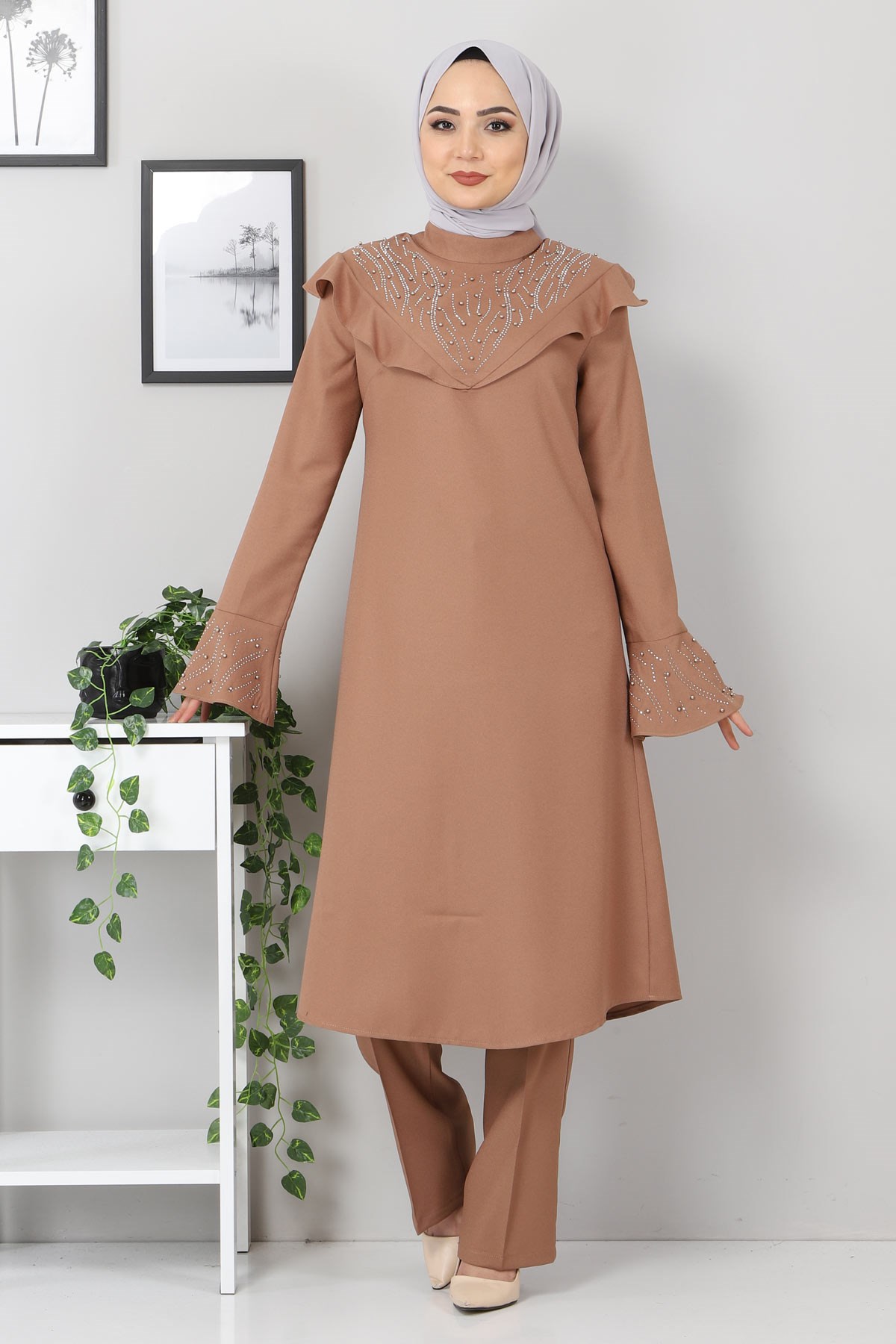 İncili Fırfırlı Kombin Taba 9871