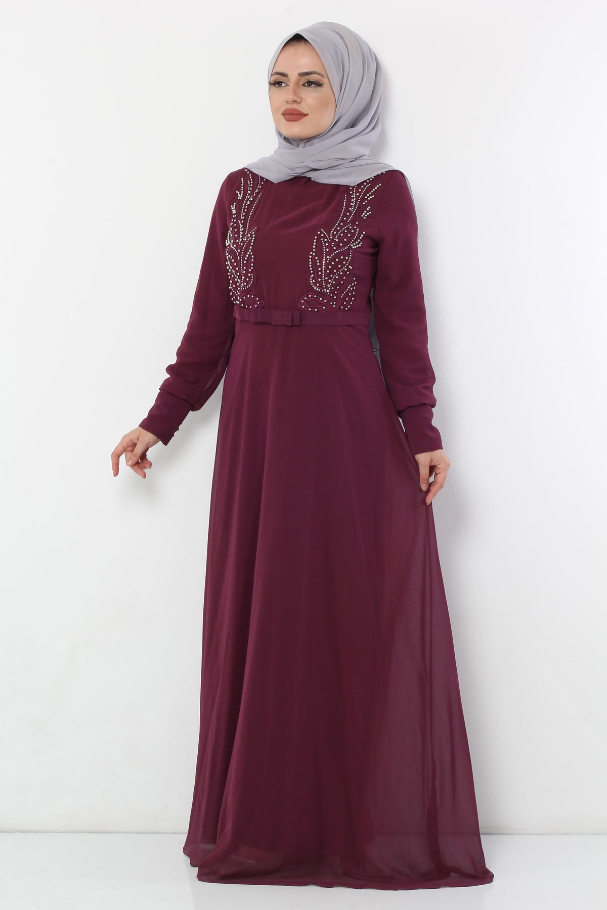 İncili Tesettür Elbise Mürdüm Mürdüm 8909-2