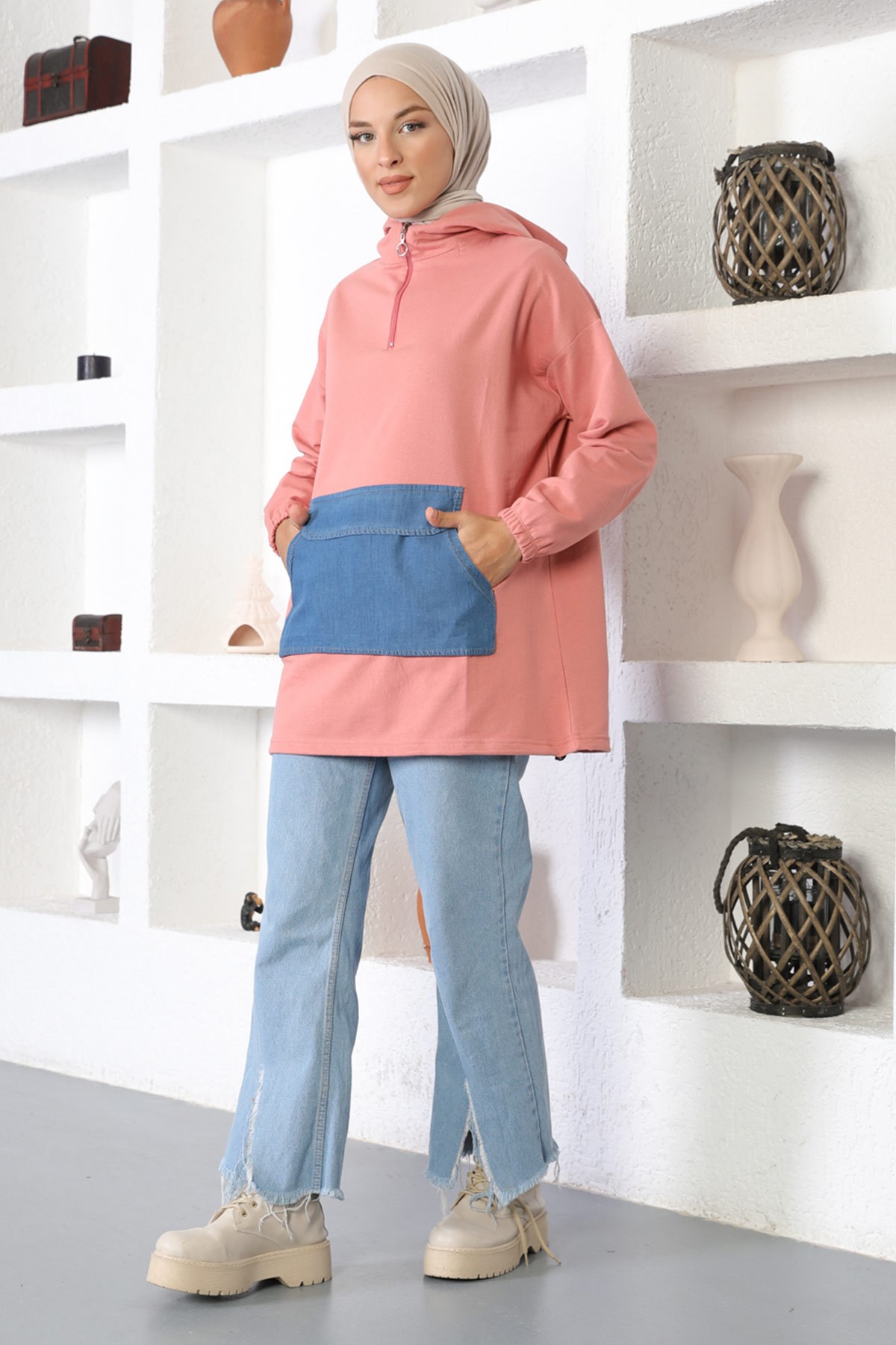 Kanguru Cepli Sweatshirt Nar Çiçeği 6044