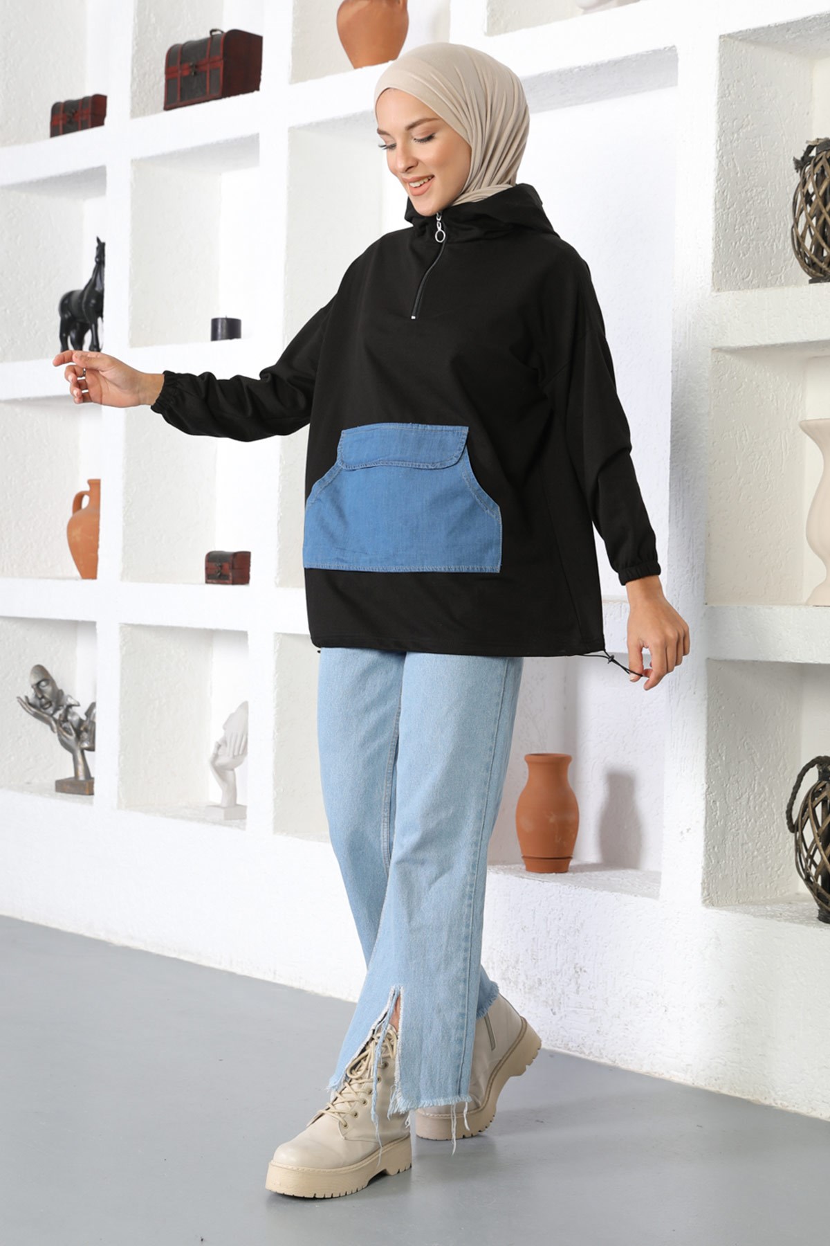 Kanguru Cepli Sweatshirt Siyah 6044