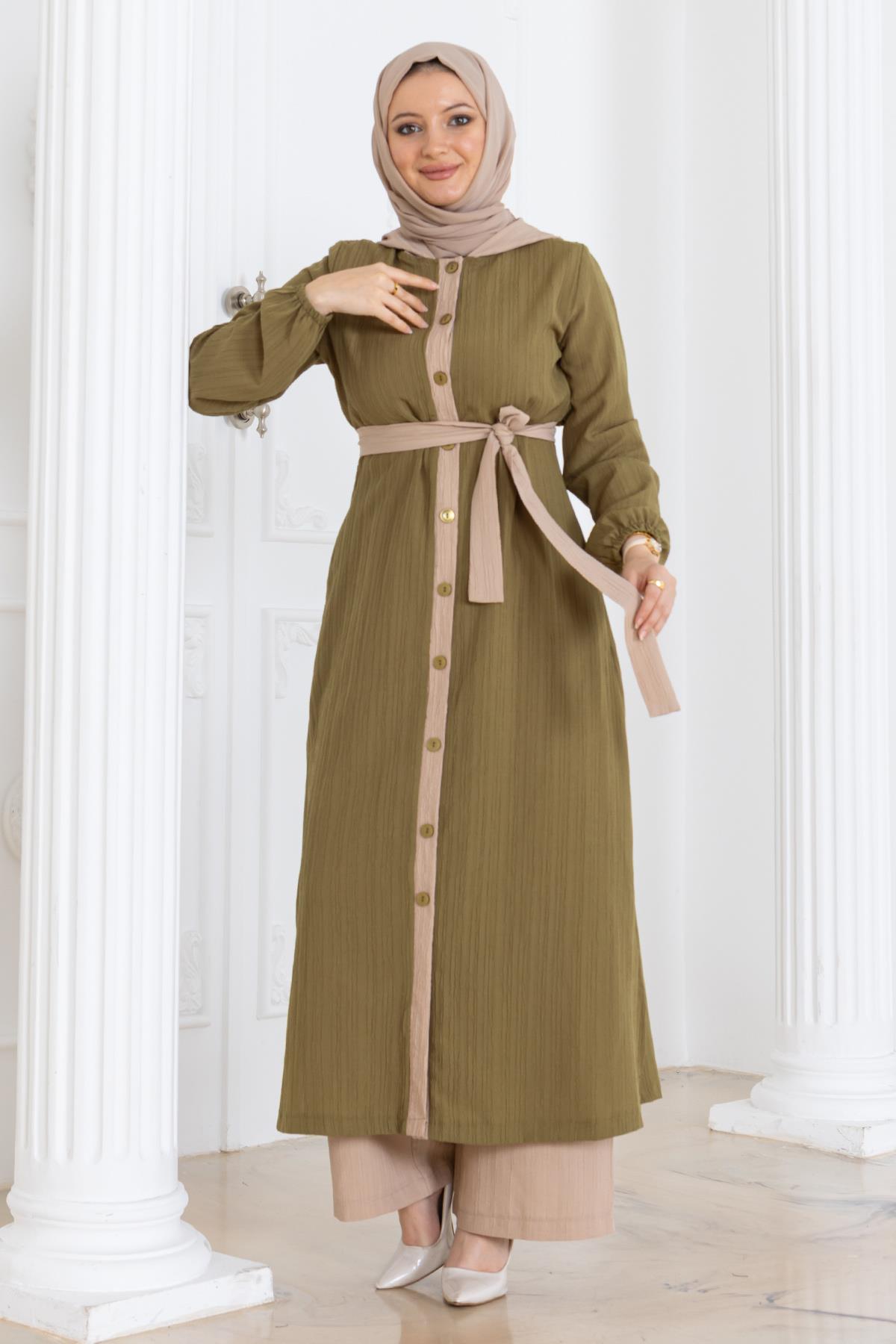 Kapşonlu Düğmeli Takım Haki Haki MSW19238-2